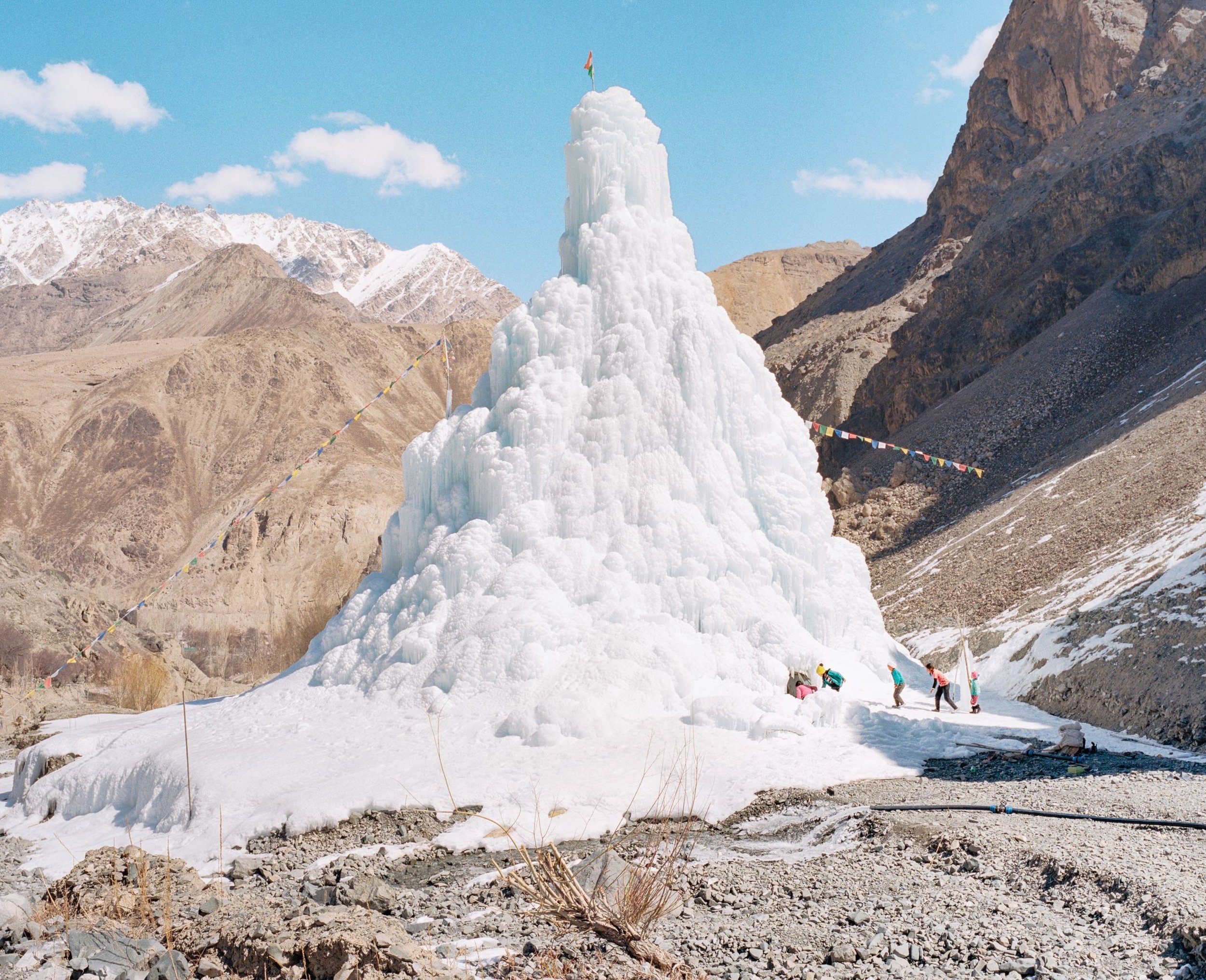 Escaping Nature As the world's mountain glaciers and snow caps continue to melt with warming temperatures, farmers suffer from a severe loss of meltwater needed for irrigation. One solution is to create an artificial glacier like this "ice stupa"