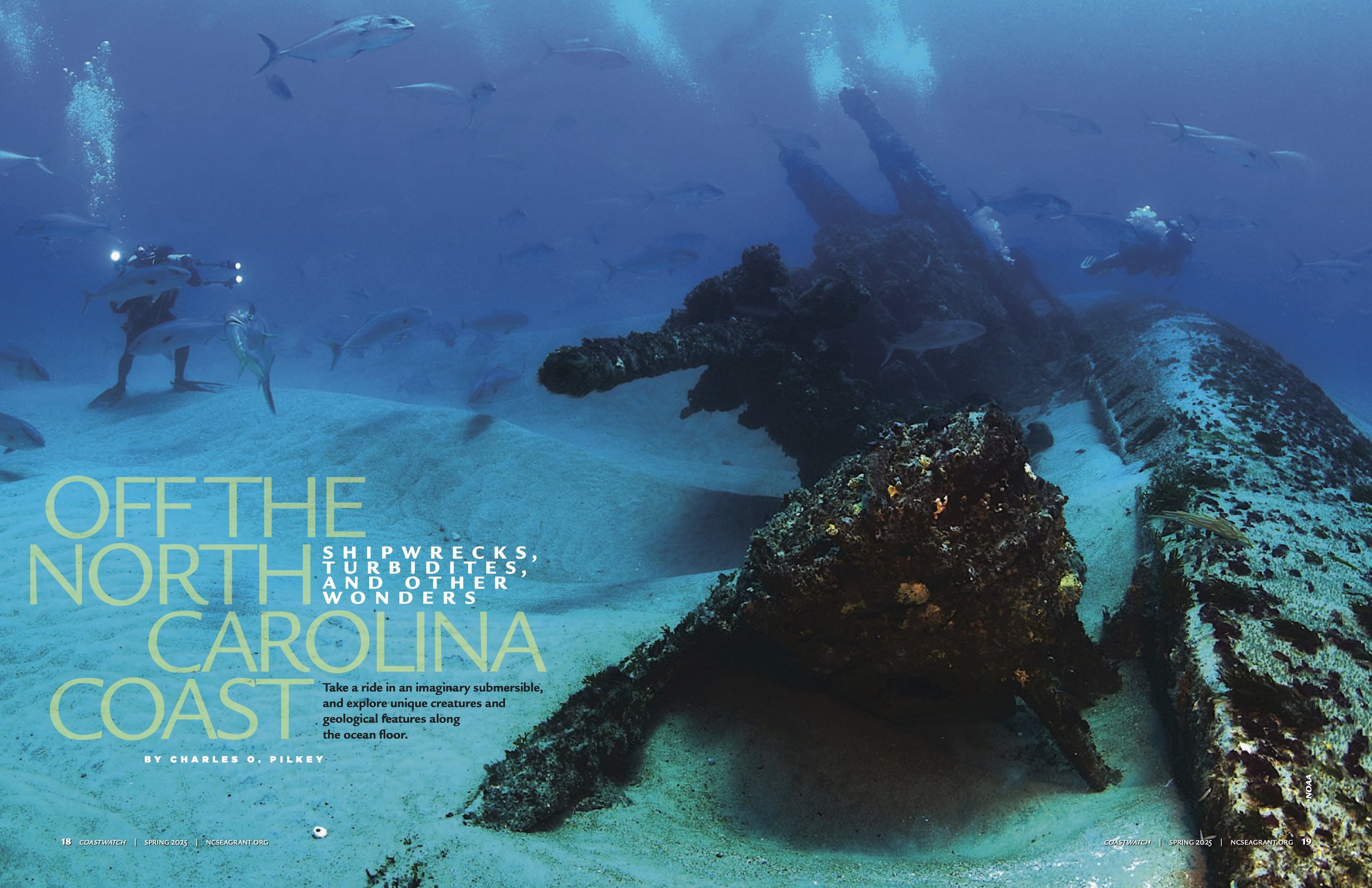   Off the North Carolina Coas t   Online article about an imaginary submersible cruising along the seafloor from Cape Hatteras toward the deep abyssal plains.   https://ncseagrant.ncsu.edu/coastwatch/spring-2025-off-the-nc-coast/      