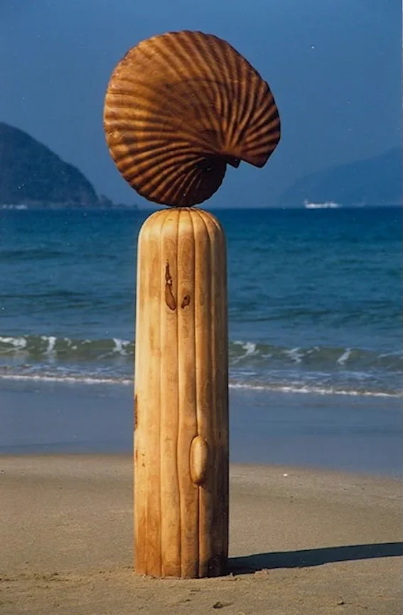   Sea Child &nbsp;camphor wood, 6' high.&nbsp;Based on an argonaut shell brought to my feet by wind and waves during a typhoon on a beach in western Japan.     