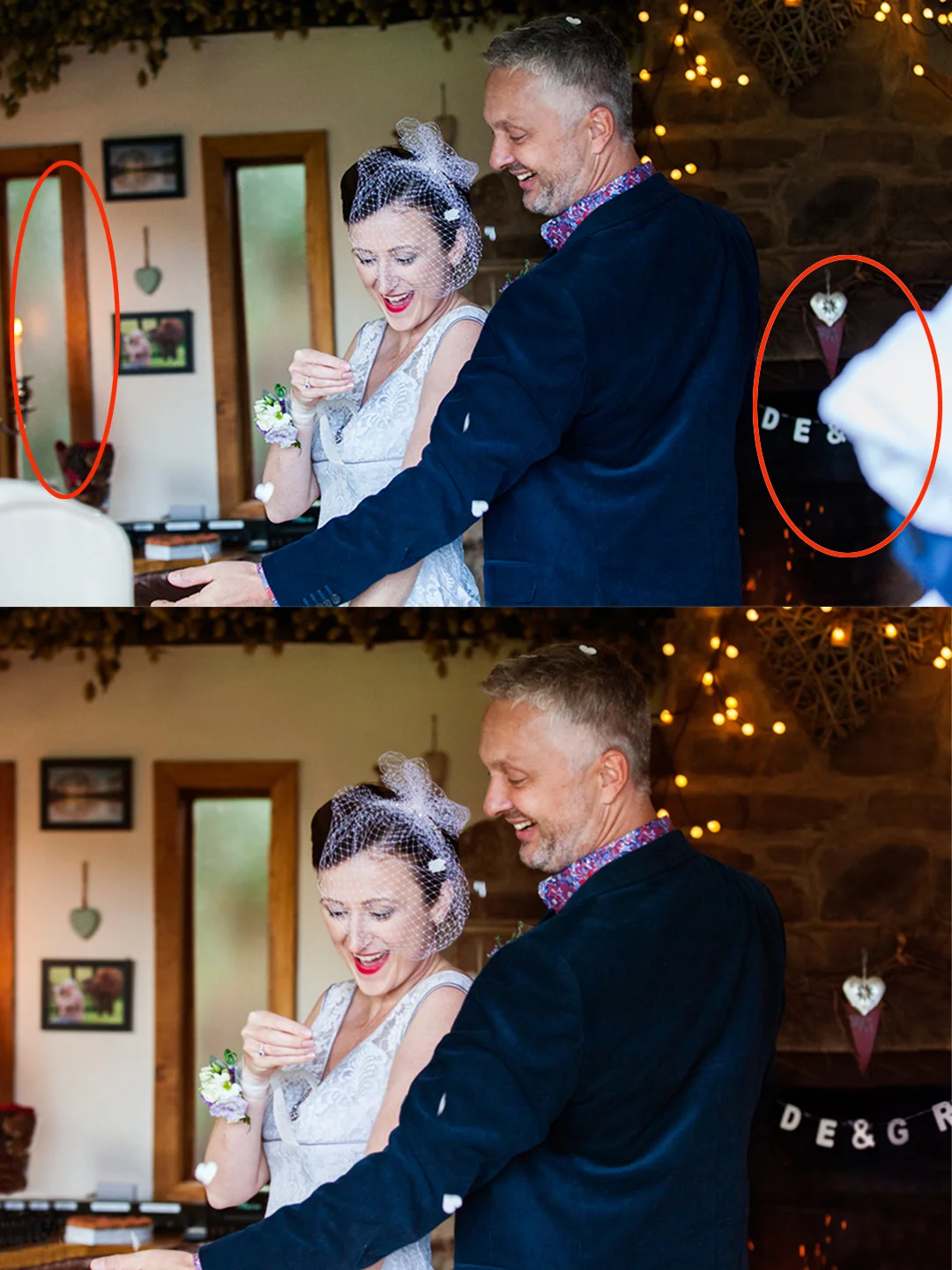 I really like this photo. It was taken at Millbrook Estate in North Devon, (they specialise in small, intimate weddings). I was fairly close to the bride and groom as they danced in front of me, unfortunately I managed the capture what I think might be a white elbow, obscuring the fireplace, and creating a white blob. I deciced to remove this, and replace what was behind, along with slightly warming up the image.