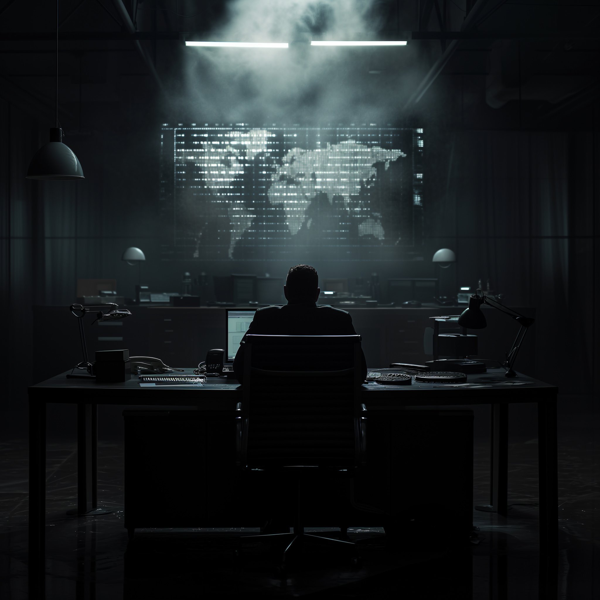 SpyMaster med et verdenskart planlegger konferanseaktiviteter med SpyGames i Lillestrøm.