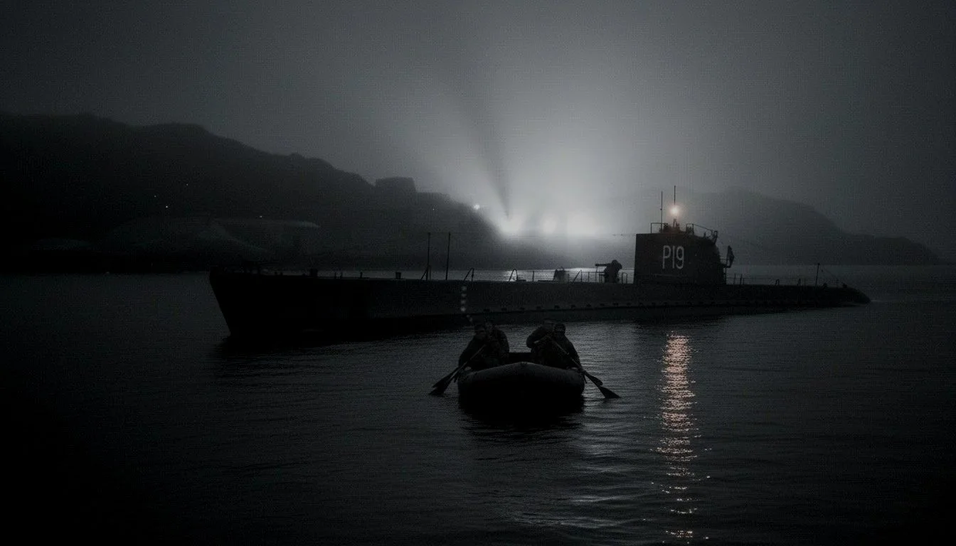 Illustrasjonsbilde av en ubåt om natten som setter den spennende stemningen for mysteriet fra 1944.
