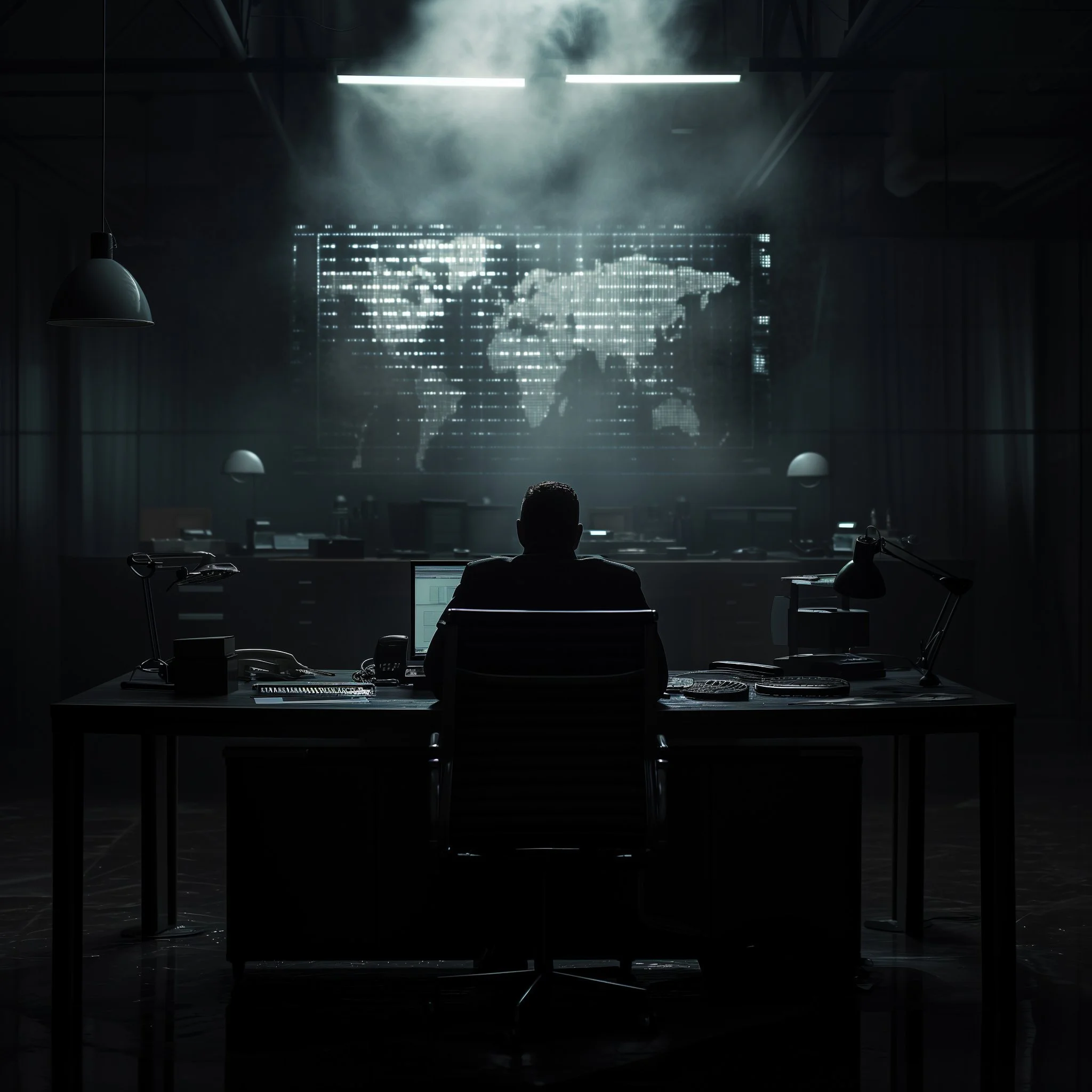 SpyMaster med et verdenskart planlegger konferanseaktiviteter med SpyGames i Bergen.