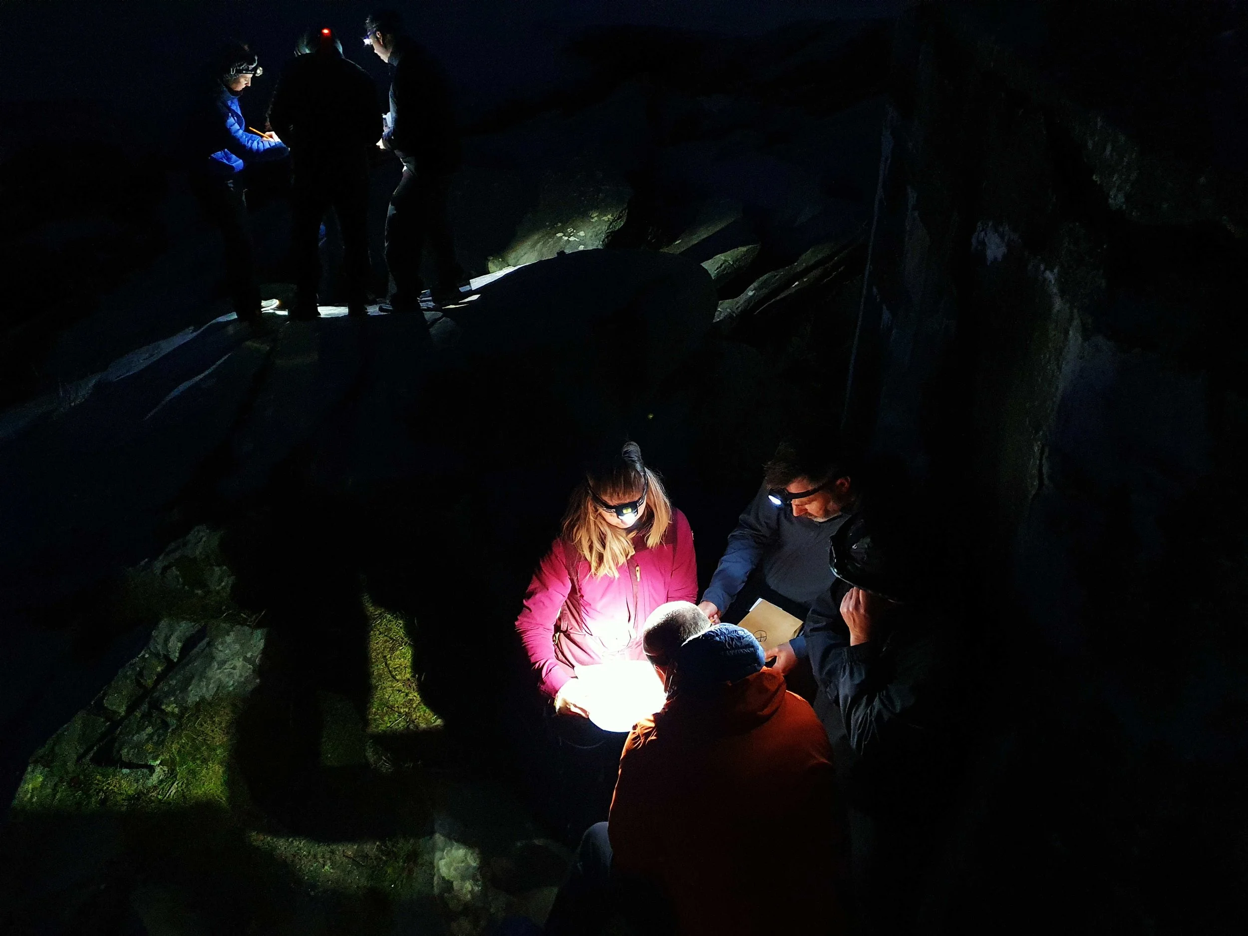 En gruppe studerer et spor ved hjelp av hodelykter under spennende teambuilding i mørket på Solastranden.
