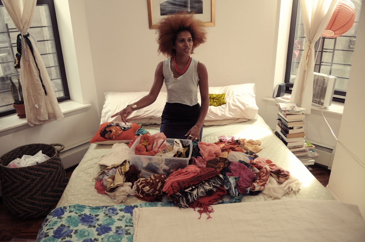 Despite the less than glam life behind the scenes, running her own business suits Hernandez’s entrepreneurial spirit. Along with styling, she also sells all-natural body oils made from peach kernel oil, lemongrass and geranium. “I have my own little concoction going,” she shares. She recently partnered with ceramic jewelry designer Sheila Cox on a limited edition of her oils featuring Cox’s handmade bottle stoppers. And lest we forget, there’s Wholly Aesthetic , the line of shawls and linens she designs and sells on Etsy.