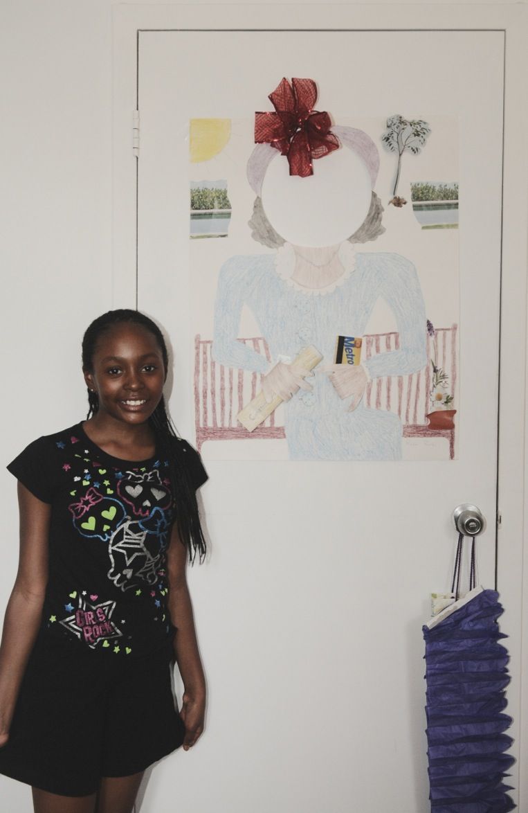 Mari, this is so cool! Can you tell us about this poster? It was a project that I had to do for school. I had to study an American hero and I chose Rosa Parks. You had to make a poster of them, but you had to have the face cut out. And you had to memorize a summary for it, like a documentary but without it being a video. So I did Rosa Parks with a Metrocard and the Constitution of the United States.