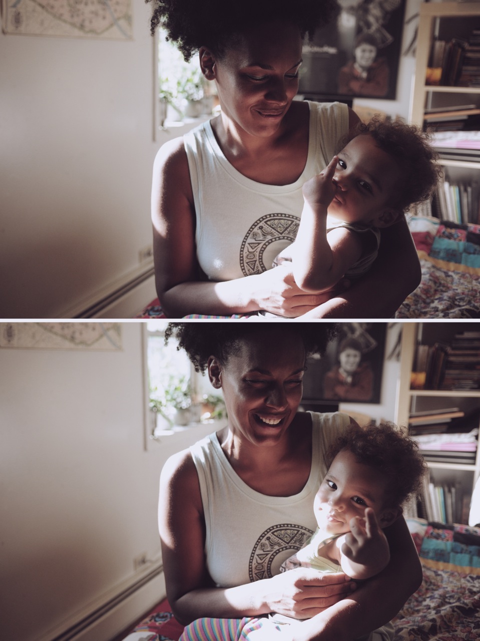 But here in her bedroom cast yellow with magic hour light, Thomas is channeling someone other than the mythological goddesses that fascinate and inspire her: she’s being herself — Kamara Thomas, proud momma. “Cherokee?” she coos to her 1-year-old daughter who is preoccupied at the moment with nailing a downward dog position on her parents’ bed. “Cherokee Moon?”