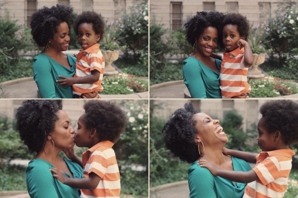 Ross with her son Raif-Henok Emmanuel Kendrick in their apartment's courtyard in Harlem.
