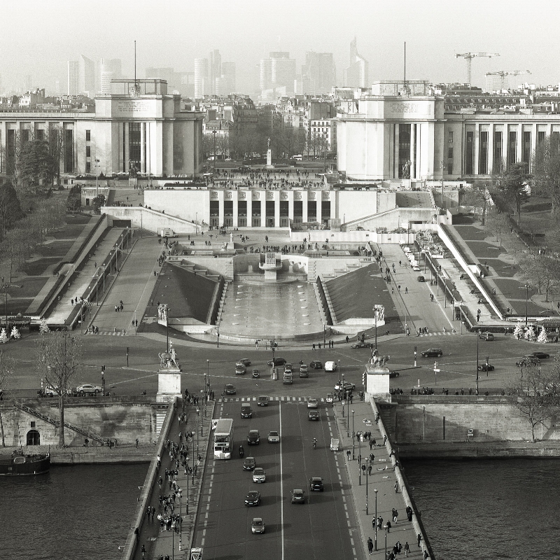 View of the Jardins du Trocadéro from the Eiffel Tower's lower observation deck