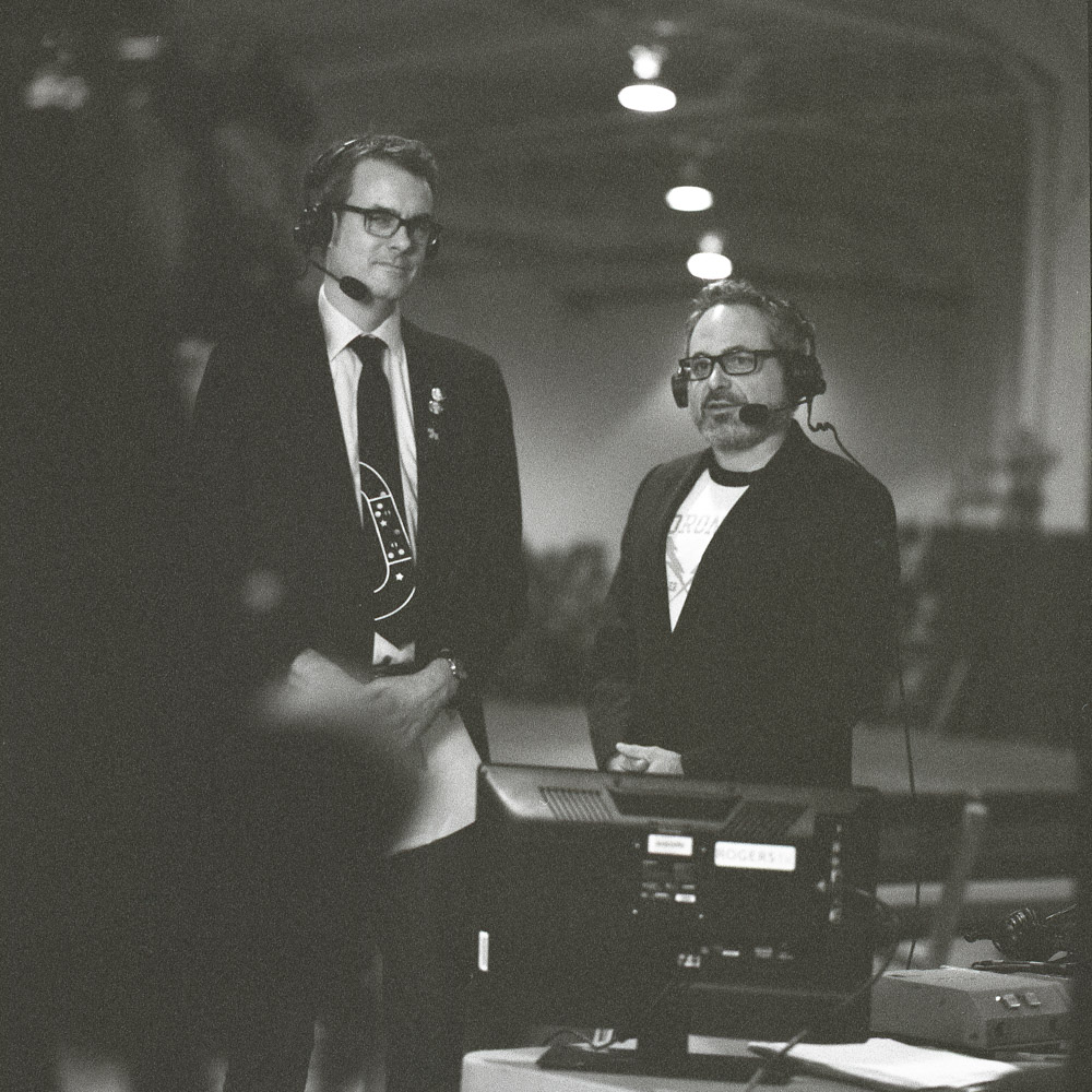 Mr Whistler & The Derby Nerd commenting on the bout. Taken over the cameraman's right shoulder. Hasselblad 500C/M, 150mm Sonnar f/4, Ilford Delta 3200 B&W film.