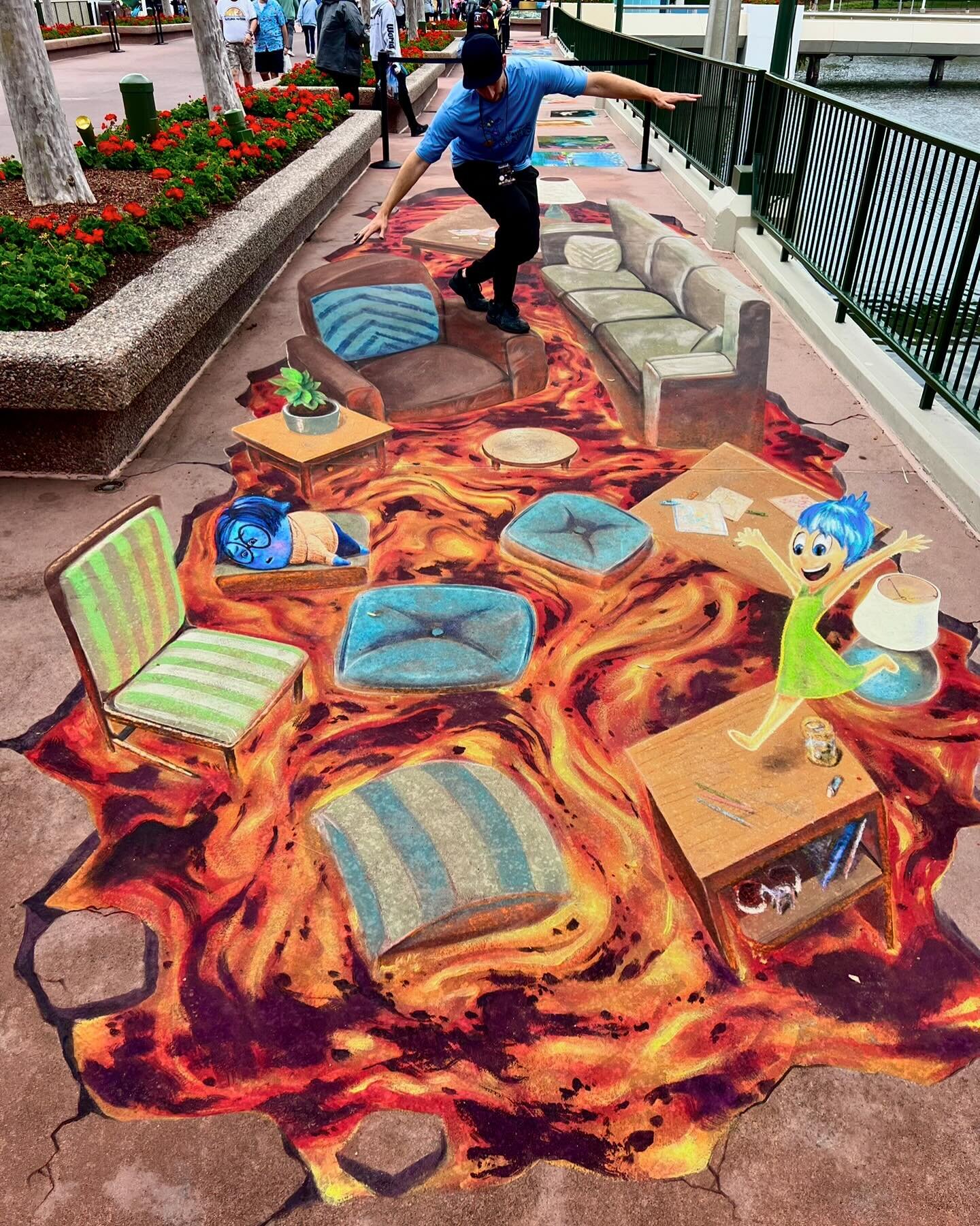 I had to hurry to finish this Inside Out piece before the rain this morning. Hopefully I&rsquo;ll be able to head back out this afternoon to repair it. I smiled every time I heard a kid yell &ldquo;FLOOR IS LAVA!!!!!&rdquo; #artfulepcot