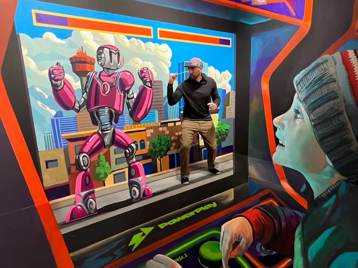 Thanks so much to @tracyleestum and @snapshotart_yyc for bringing me in to create this fun arcade game themed painting. This of course required that my son and I go to a local arcade for &ldquo;photo references&rdquo;.