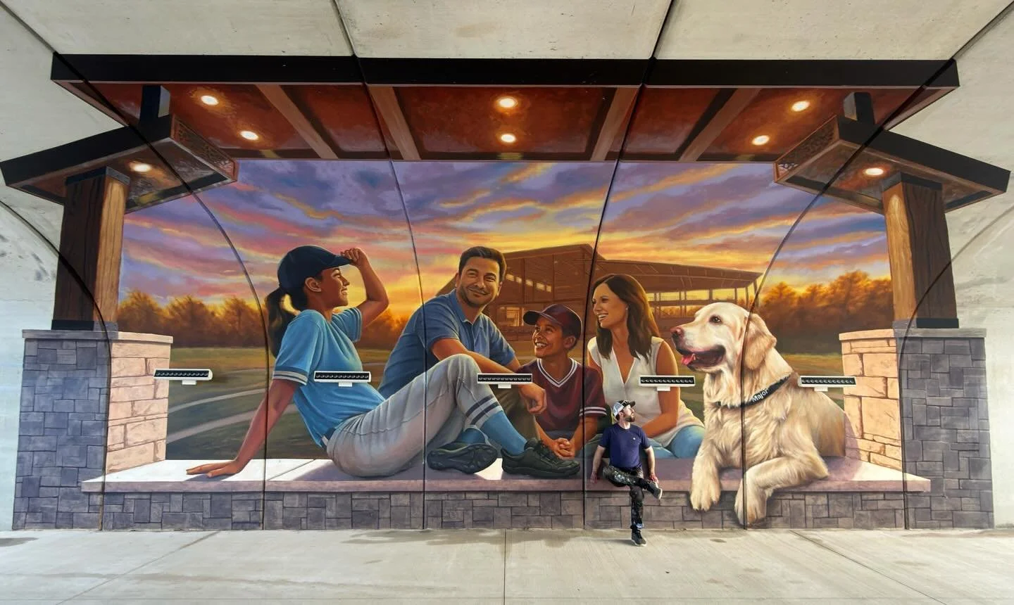 It was a privilege to work as part of a team with three other amazing artists creating these two murals in Round Rock, Texas!  It was challenging and rewarding to paint these scenes on the curved walls of a walking tunnel leading into the park. Thank