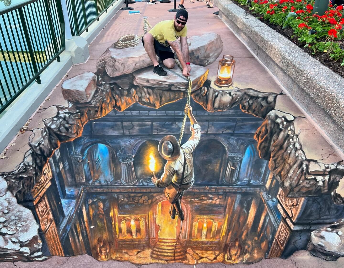 New chalk art at EPCOT! This Indiana Jones was a lot of fun to make (and pose in). Fire glow is always cool to incorporate into a piece.