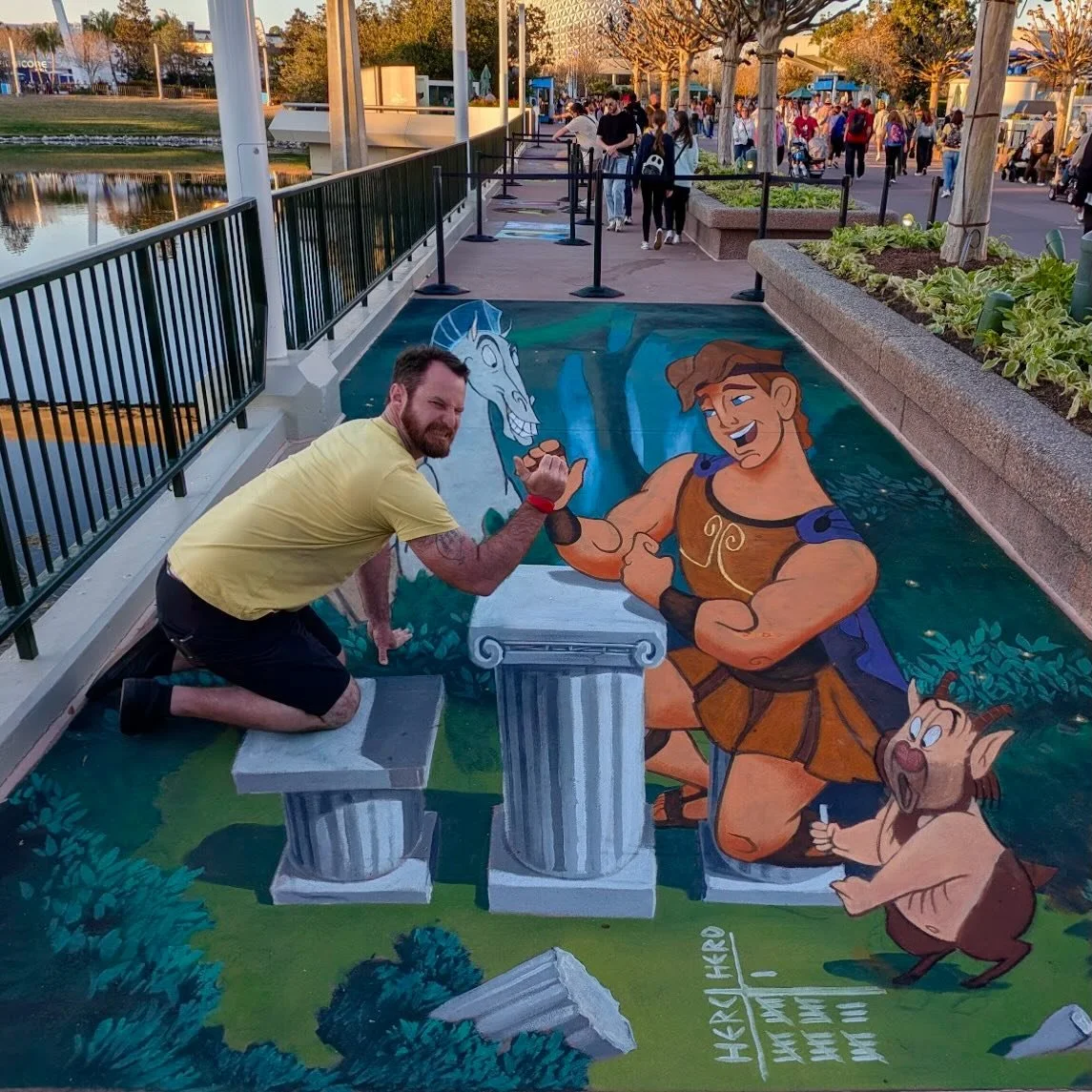 New Hercules 3D street painting at EPCOT is finished! Thanks to Taylor and Tabia for the fun poses!#artfulepcot