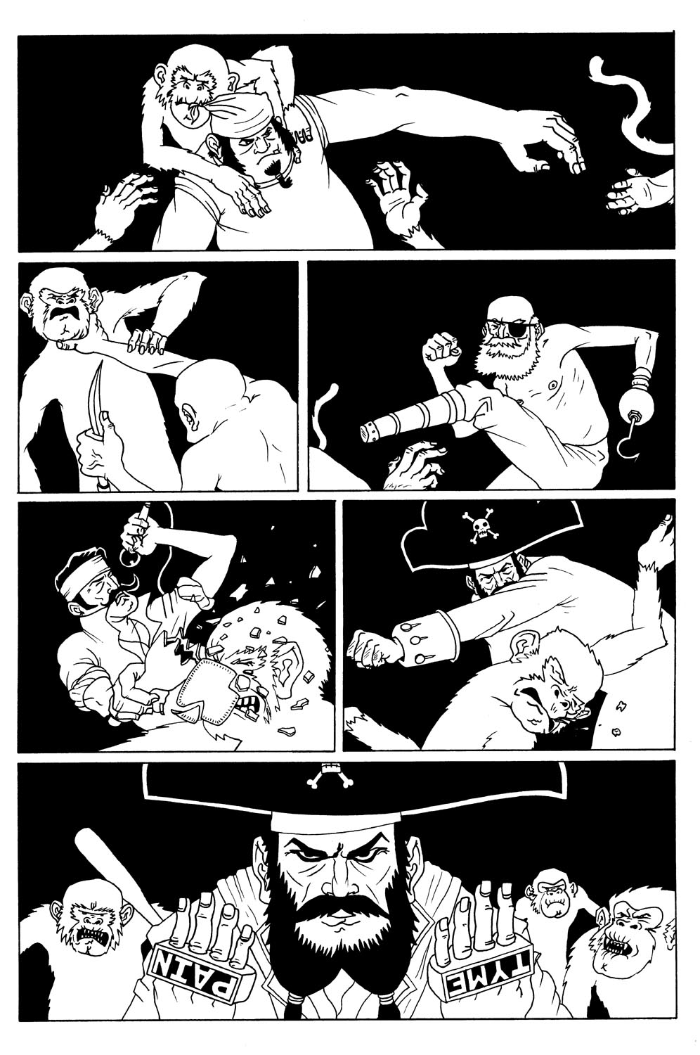 Barroom brawl with a bunch of monkeys - Huey Lewis is playing on the jukebox.