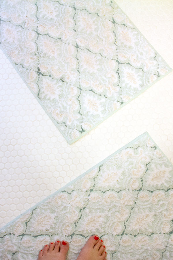 Hexagon tile floor and the bathroom rugs that inspired color scheme.