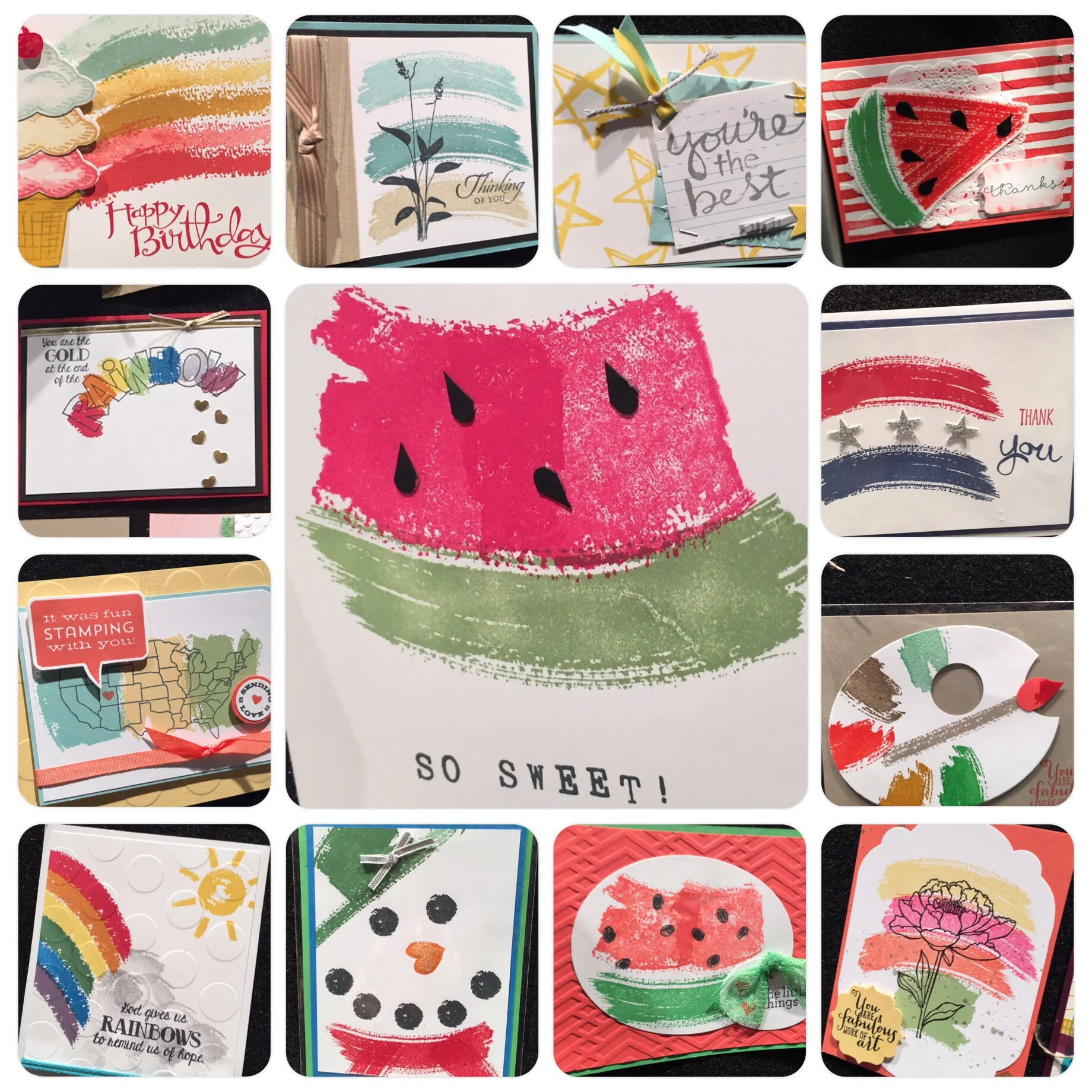 Samples from Watercolor style sets: Work of Art , Over the Rainbow , & Watercolor Words Stamp sets.