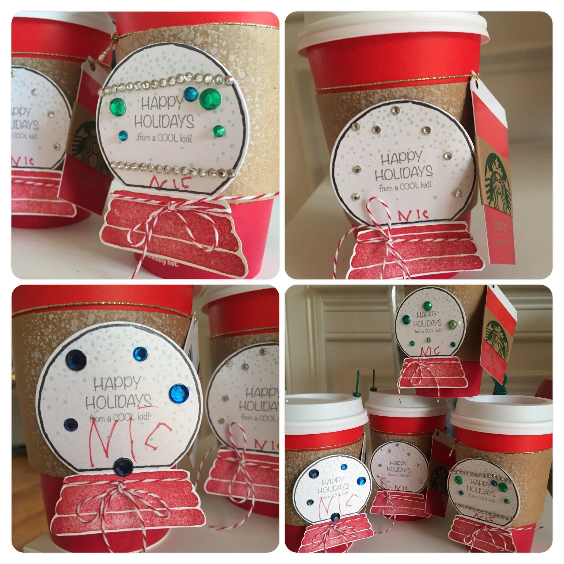Teacher gifts: Coffee cups filled with chocolate. Snow globe tag and Starbucks gift card attached.
