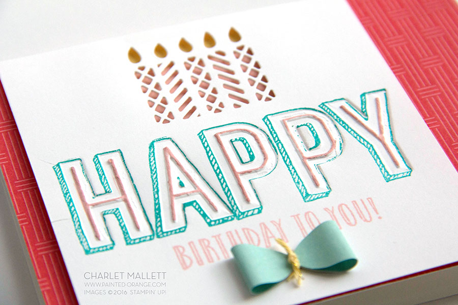 Happy Birthday card. Happy Celebrations Stamp set and the Celebrations Duo embossing folder. Candle die comes from the Window Box framelits. 