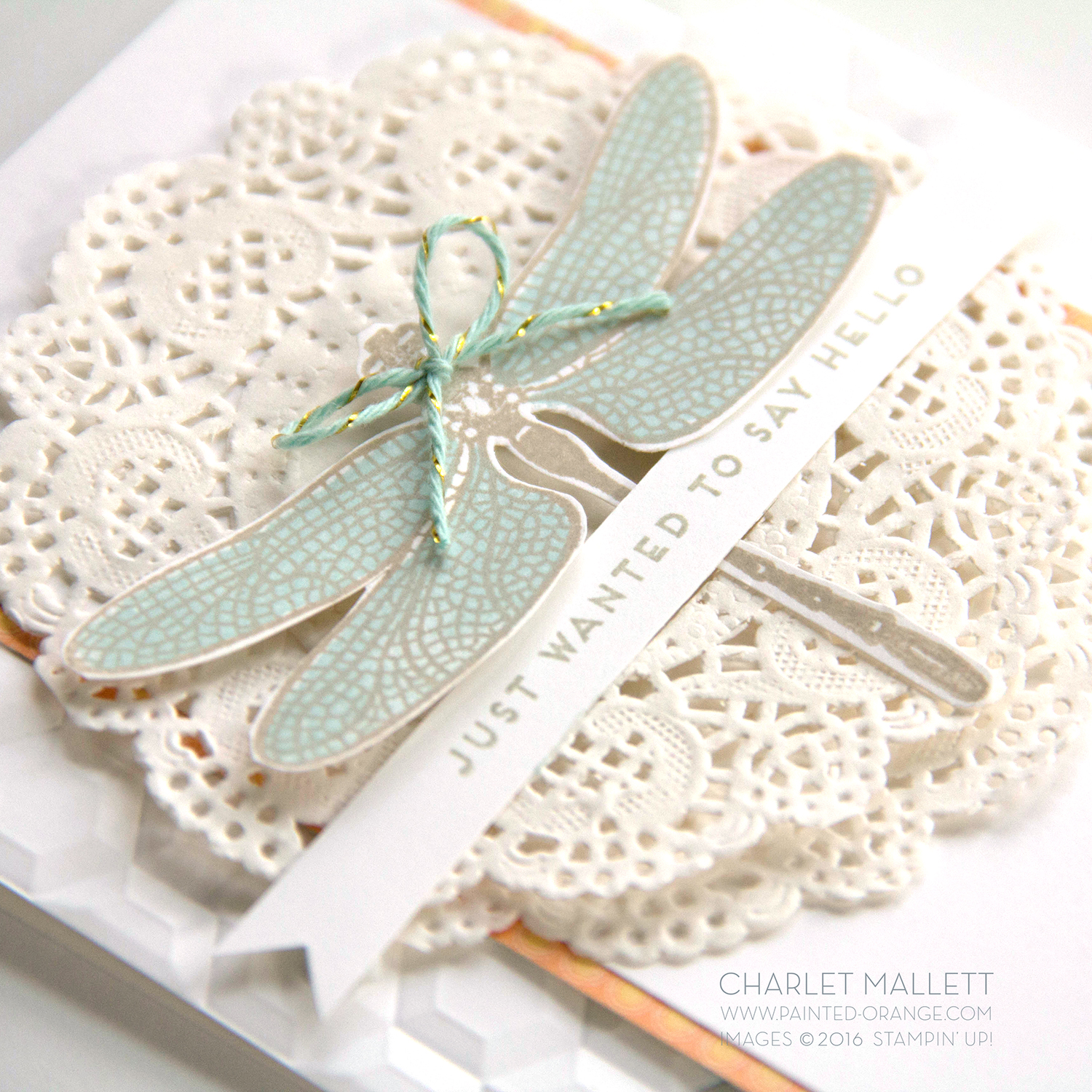 Detail view - Dragonfly Hello card using Dragonfly Dreams stamp set from Stampin' Up! 2017 Occasions mini catalog.