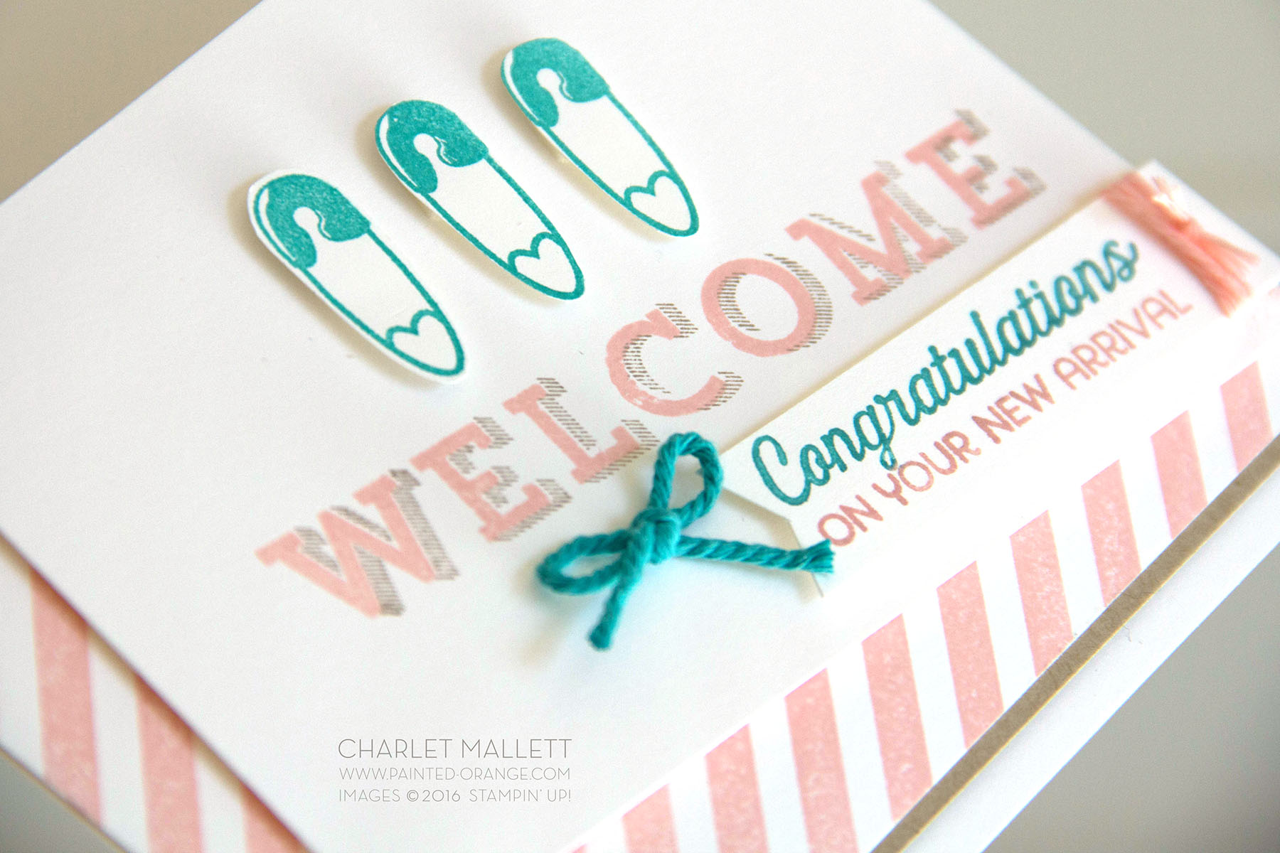 Detail view of WELCOME baby card using Better Together, Diagonal Stripe and Vertical Garden stamp sets. Stampin' Up! Charlet Mallett - www.painted-orange.com