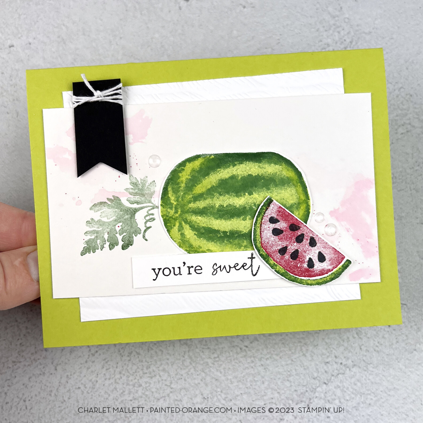 Hello friends, you sure are sweet! This watermelon card follows the #gdp430 sketch challenge (swipe to see sketch). I stamped the watermelon and used a blending brush to smooth out the ink for a better impression. You can see how I achieved this look