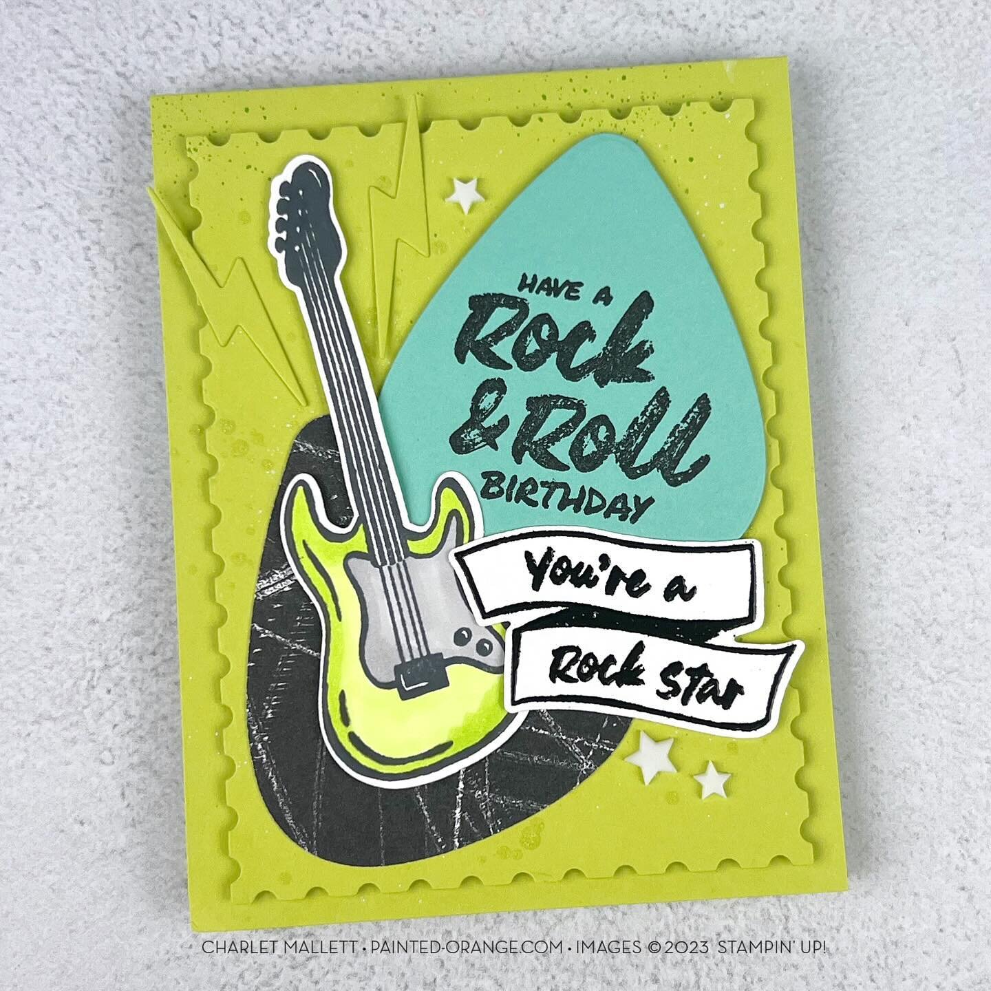 You&rsquo;re a rock star! 🌟 Here&rsquo;s a closer look at this rocking birthday card. This stamp and die bundle is 🙌🙌🙌.

I created this card for #gdp434 sketch challenge. I switch the square shares for giant pick shapes. 

See card creation in my