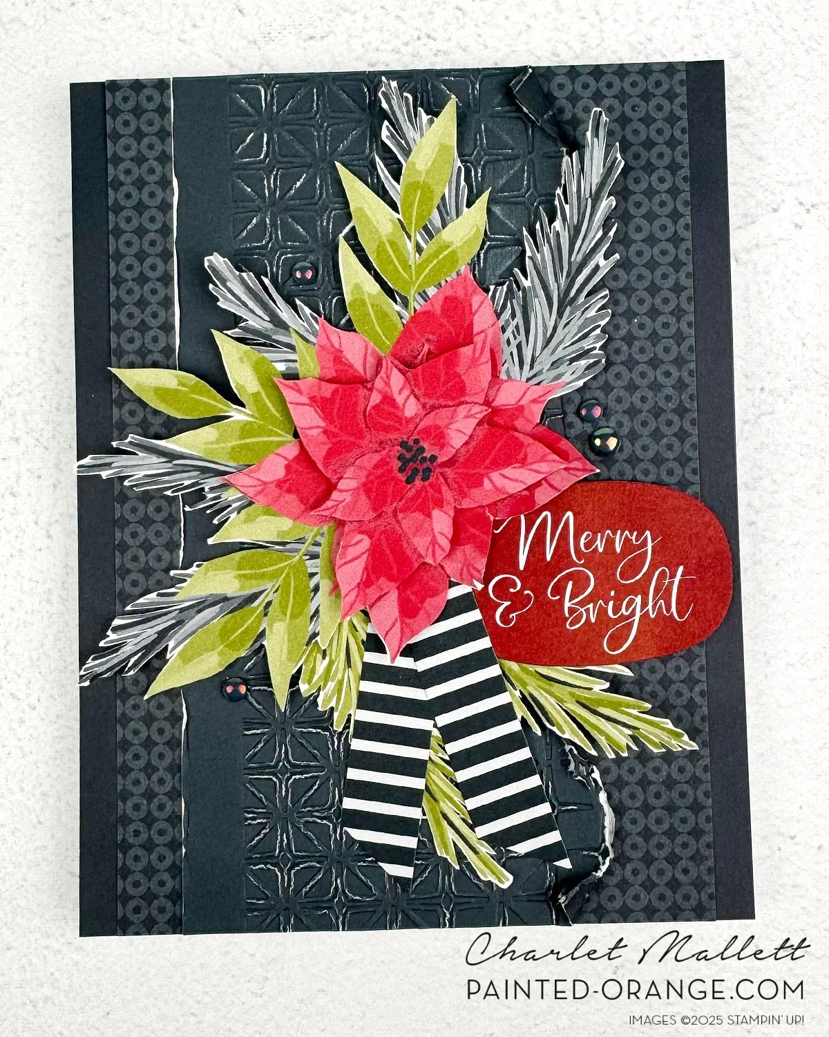 Pretty poinsettias. Can you believe this card doesn&rsquo;t feature any stamping? This entire card is made from the &lsquo;Keeping Traditions&rsquo; Scrapbook kit. I really worked those paper elements from fussy cutting, tearing &amp; distressing, to