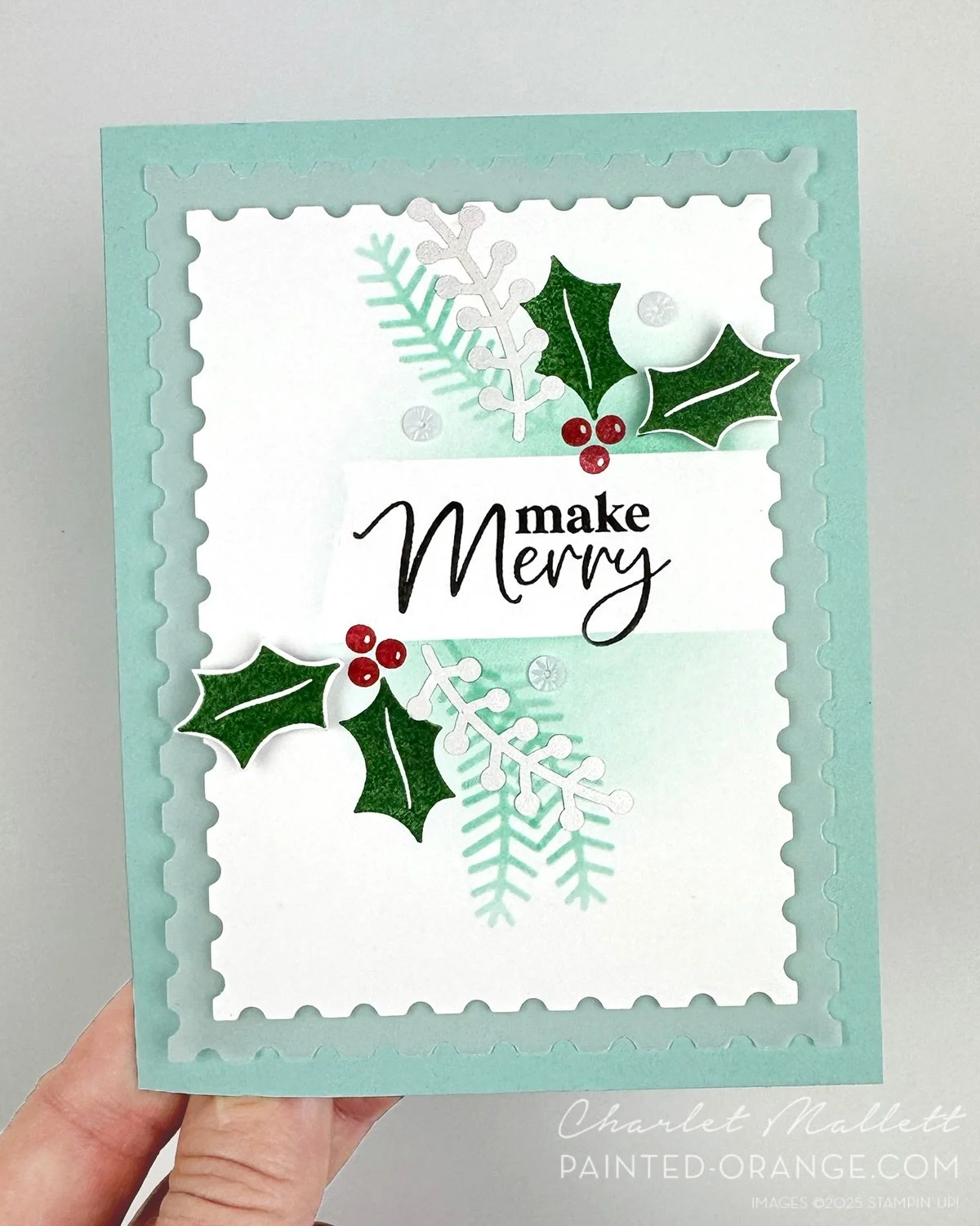 Make Merry! I love pops of red and green with aqua for a holiday cards. Feel so fresh! 

I used the Keeping Traditions stamp set and leftover pieces from the Calm &amp; Bright kit to create this card for #gdp524 - we are CASEing @herzundhandgemacht o