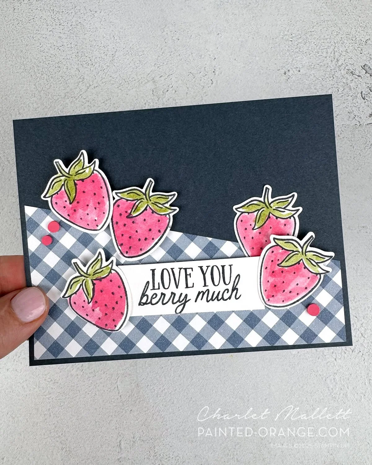 So berry good! I snuck in a super quick card for sketch challenge #GDP538 Bring on the diagonal line ... 

I'm loving this cute berry and gingham from Homemade Sweetness Suite. Stamp set is called Filled with Sweetness. 

Play along with us:
🌎Post y