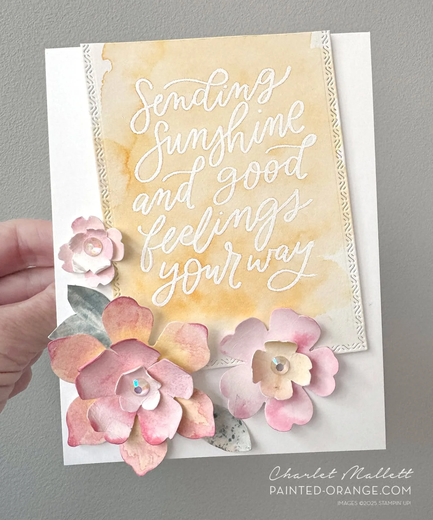 When I think of pastel I think watercolor. For this month our 'Use Your Stash' theme is PRETTY PASTEL.  I pulled out the 'Good Greetings' stamp set and heat set the large greeting with white emboss powder. This greeting is so pretty. Then, I water pa