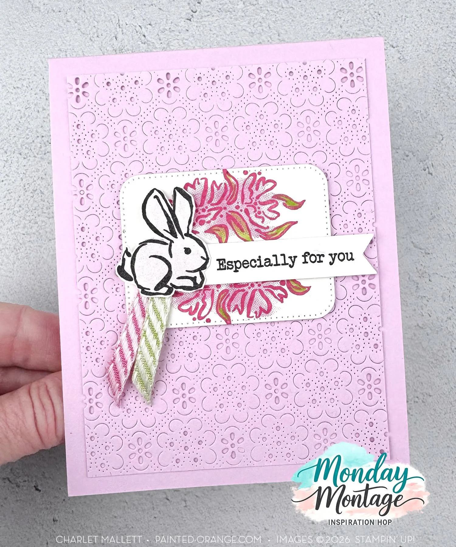 We have a  new baby in the neighborhood and so I crafted this sweet welcome card using the 'Notes of Spring' stamp set and 'Eyelets Blooms' die. Both products are a screaming deal at 5$ each with qualifying purchase. Get in my cart! Ha. I'm a sucker 