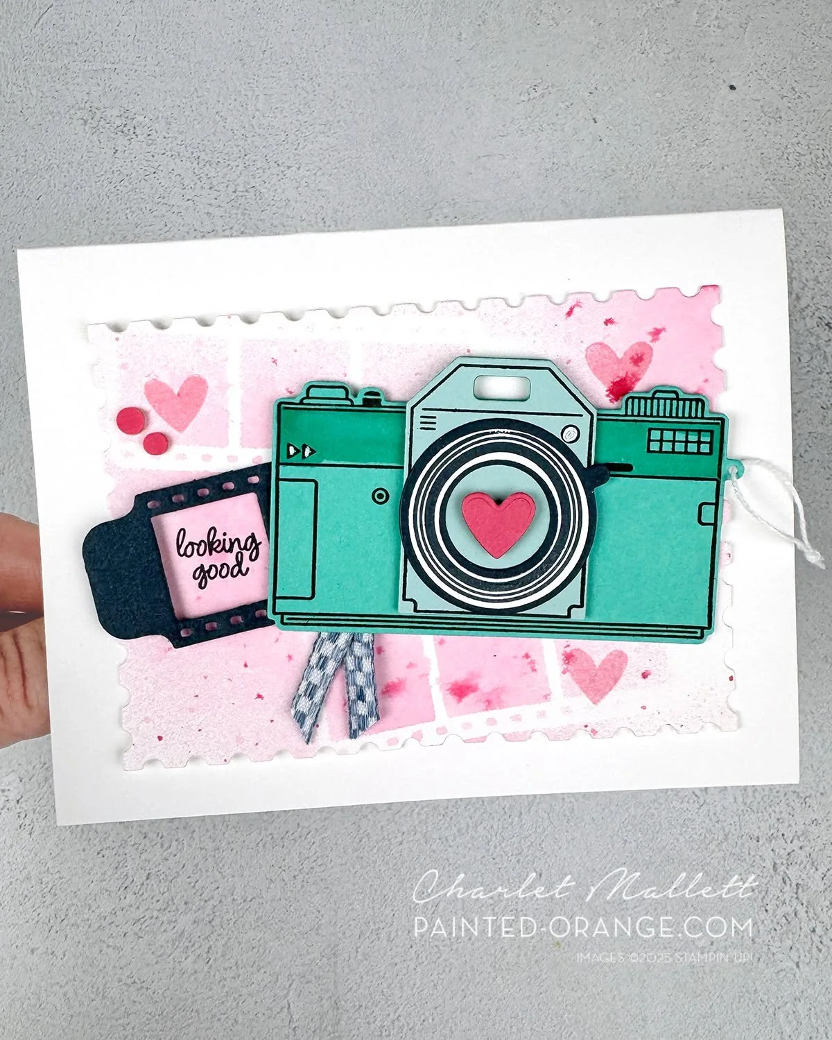 Looking good! I forgot to post this super fun SWAP card I created to hand out at OnStage.  I used the Capturing Smiles stamp and die bundle. I'm a sucker for camera imagery. Colors are Secret Sea, Strawberry Slush and Coastal Cabana. I'll share a ree