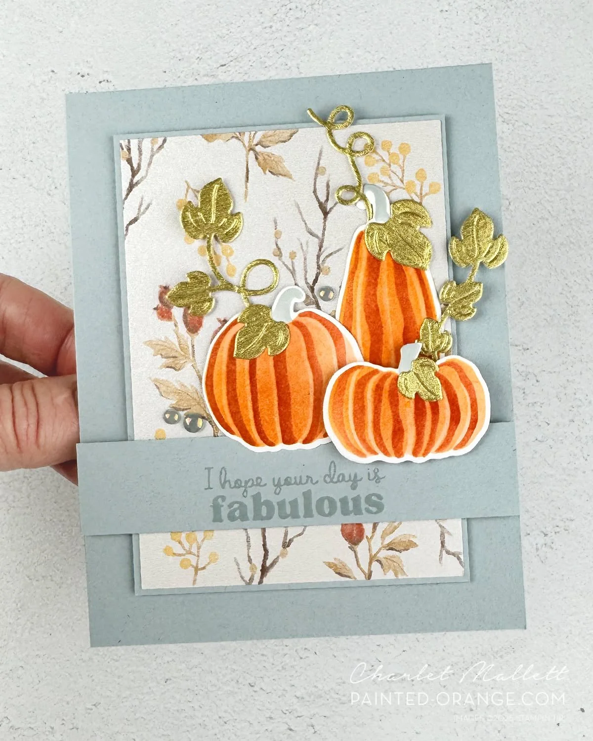 I'm loving the texture of this metallic gold finish in the Timeless Metallic papers. It looks like brushed metal and it looks fab cut out as the foliage for these pumpkins. 

This bundle is called Painted Pumpkins. Card created for @global_design_pro