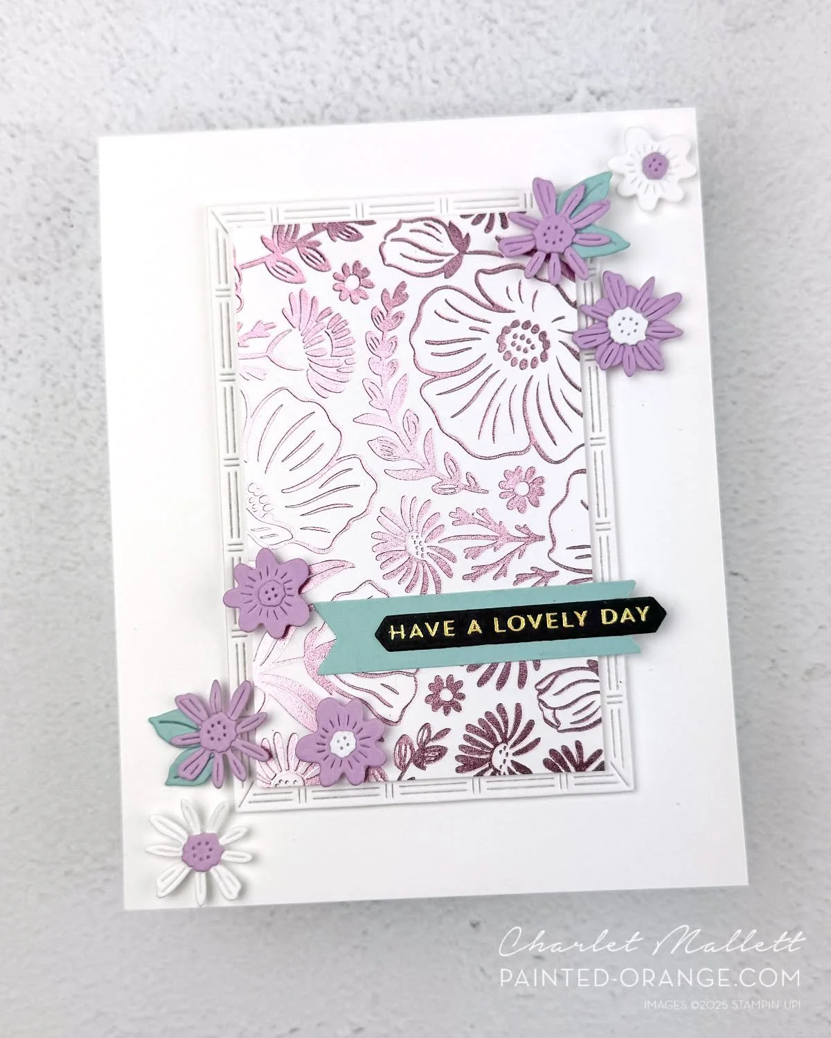 My desk is full of supplies and leftover scraps from my last card so I decided to create a second card for Sketch #gdp566 

I used the Light Pink Foil on white with the image from the Garden Silhouette Hot Foil Die. This foil has a differnt pink tint