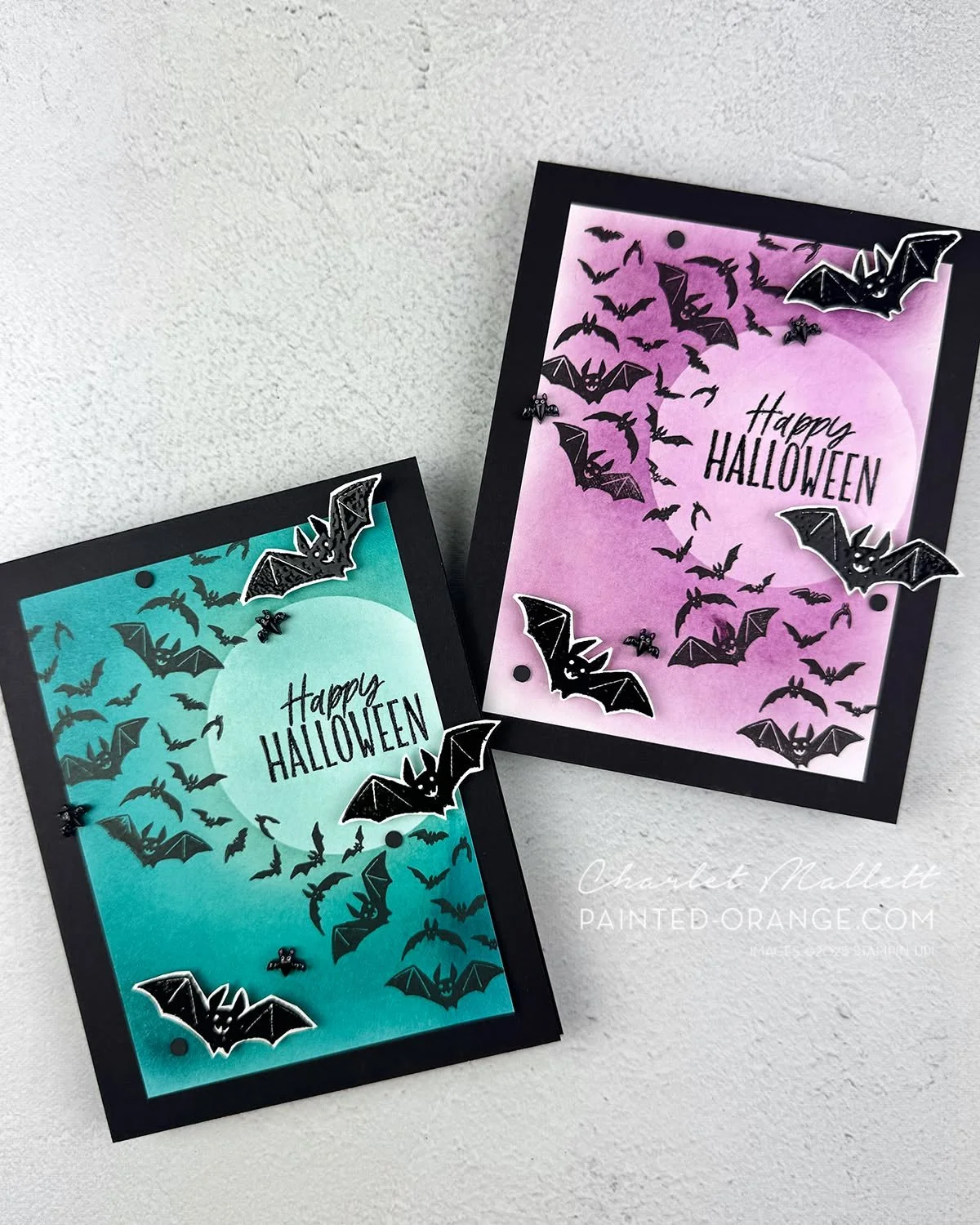 Teal or purple?! Both are great for a spooky background. 

Colors used: 
Lost Lagoon and Pretty Peacock 
Fresh Freesia and Berry Burst

I can't decide if I have a favorite?  The greeting and bat images are from the 'Oh My Frights' Halloween stamp set