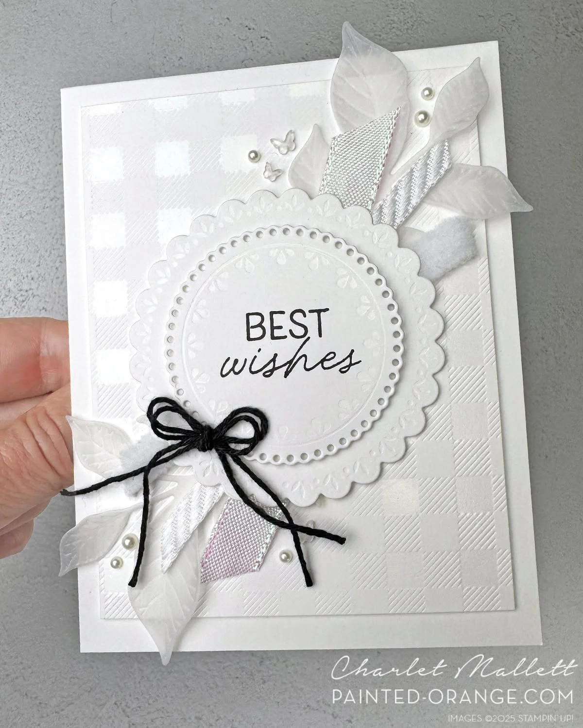 A white wedding card with a little black tie! This card is so much prettier in person. I had such a difficult time trying to photograph the white irridescent foil on the Basic White Cardstock.  I used layers of white ribbons, vellum, cardstock, and f
