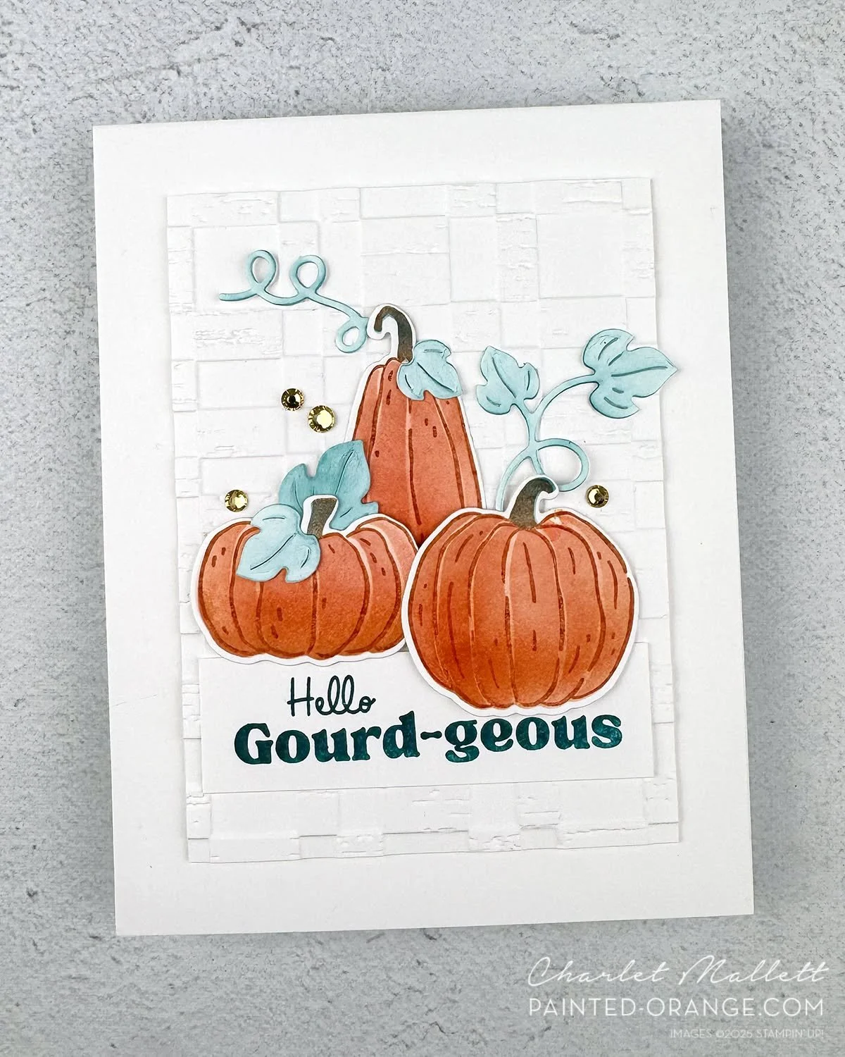 Pretty pumkins on white ... Here's the second card I created for #GDP569 using Pretty Peacock, Cajun Craze and Golden Glow.  The pumpkins are a blended mix of the Cajun Craze and Golden Glow. The lighter leaves on the pumpkins are a screened back Pre
