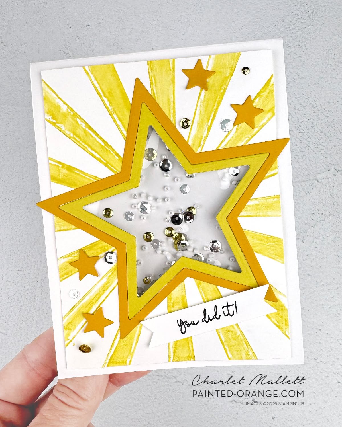 Time to celebrate a big milestone with @tgifchallenges - We did it! 600 inspiration challenges, every Friday a new challenge, over 11 years! Wow. 

I created a STAR shaker card for this GO BIG challenge. Shaker cards always offer a little something e