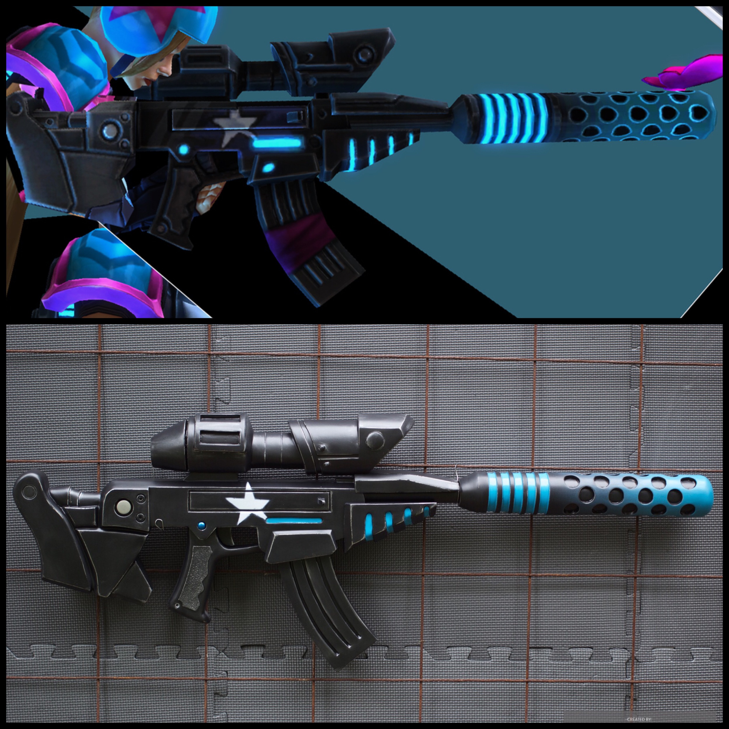  Top: The rifle as seen in game. Bottom: Hand-crafted replica. 