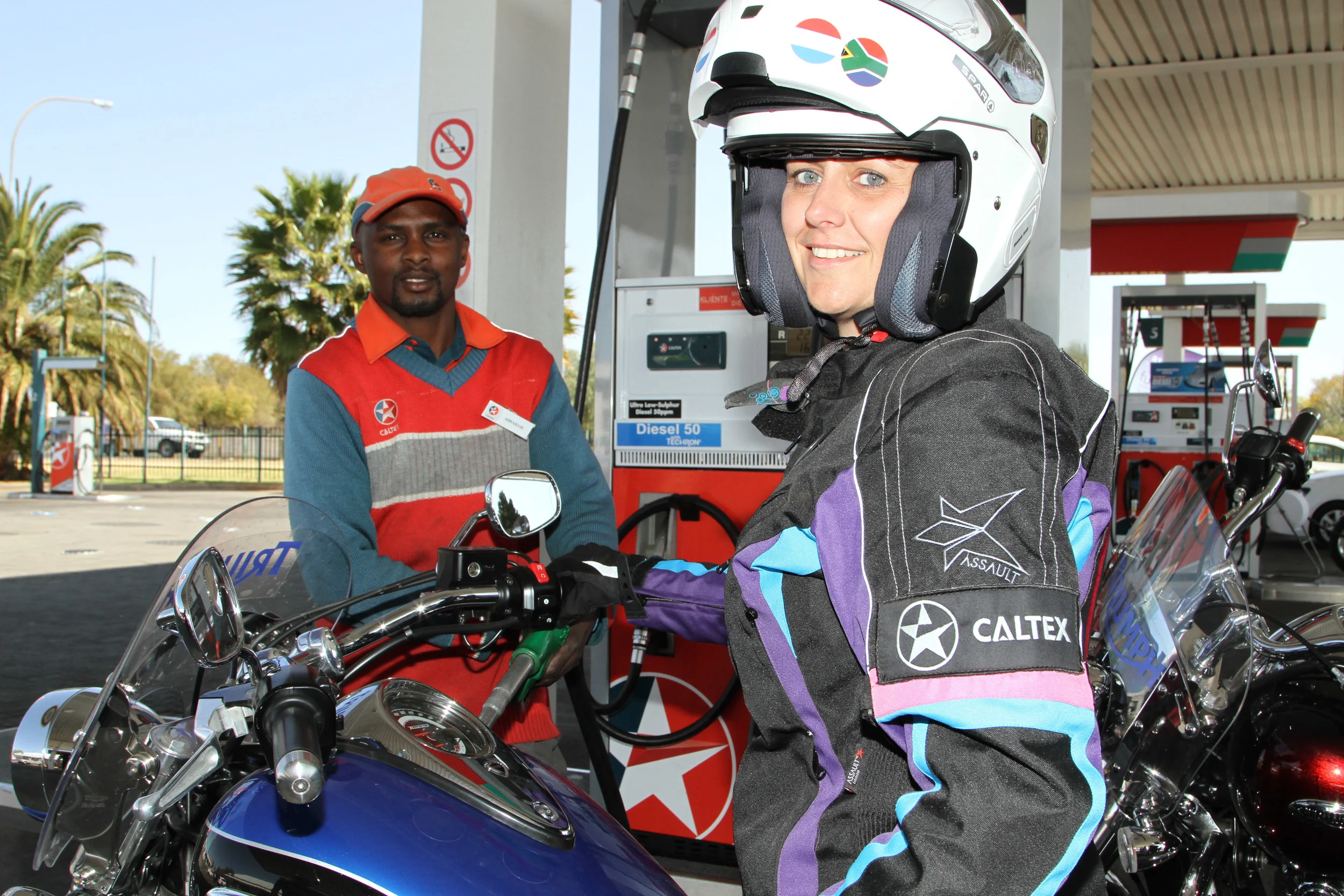 Angele during a fuel stop during the 2013 ride