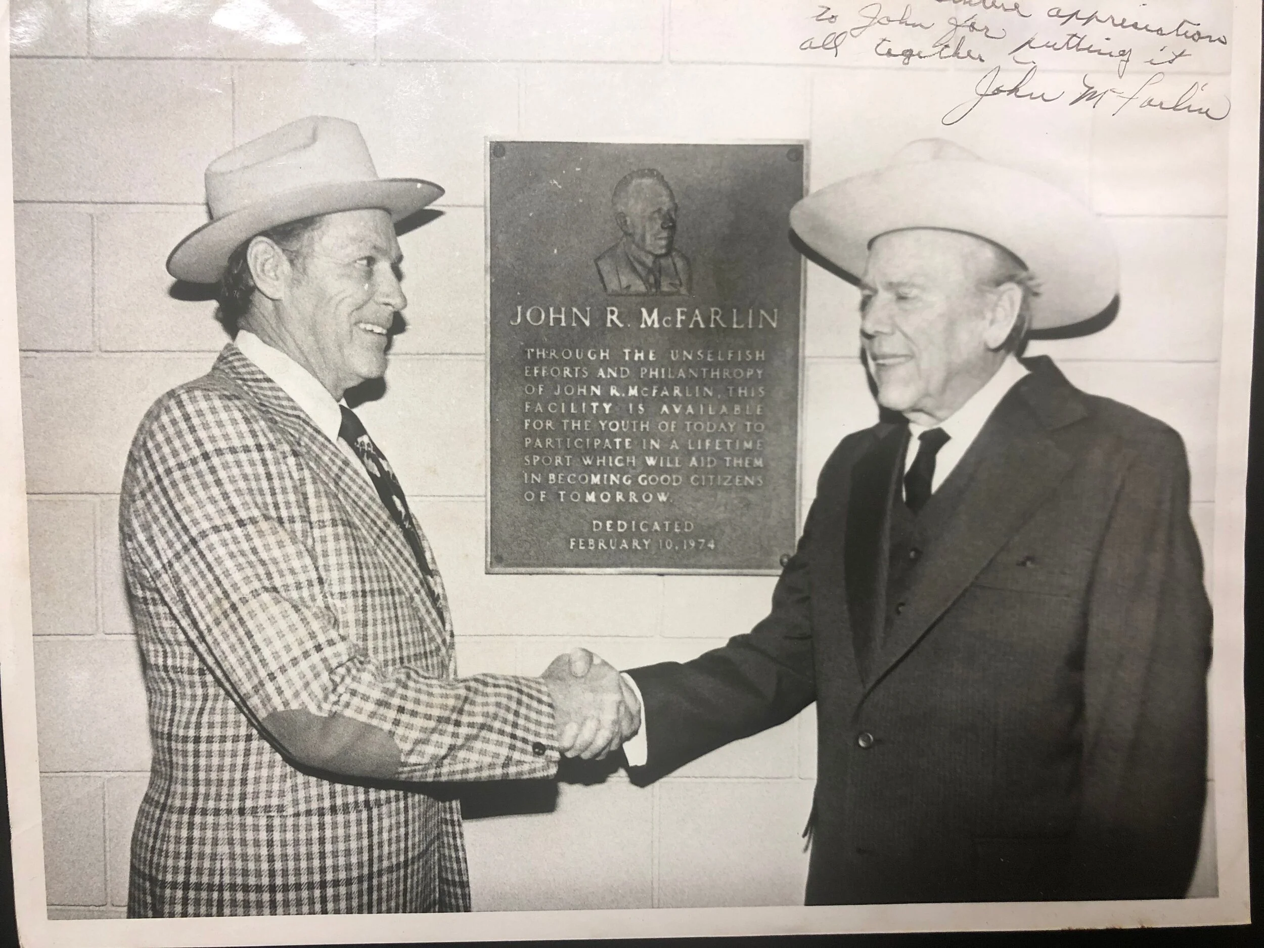 John H. Braubach and John R. McFarlin in 1974 at the groundbreaking of McFarlin Tennis Center