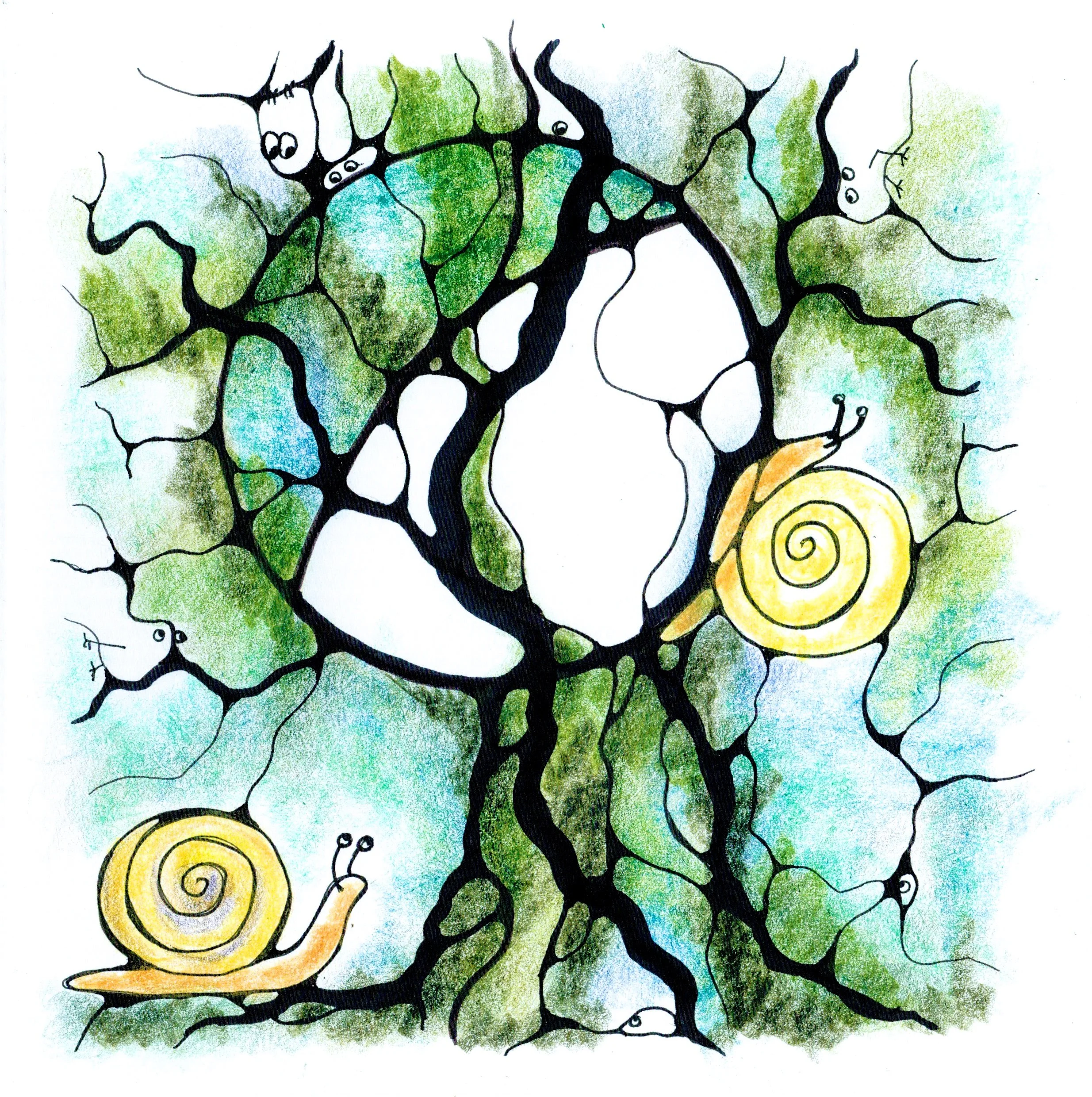 Kreative neurographische Illustration mit dem Mond und Schnecken zum Nachsinnen.