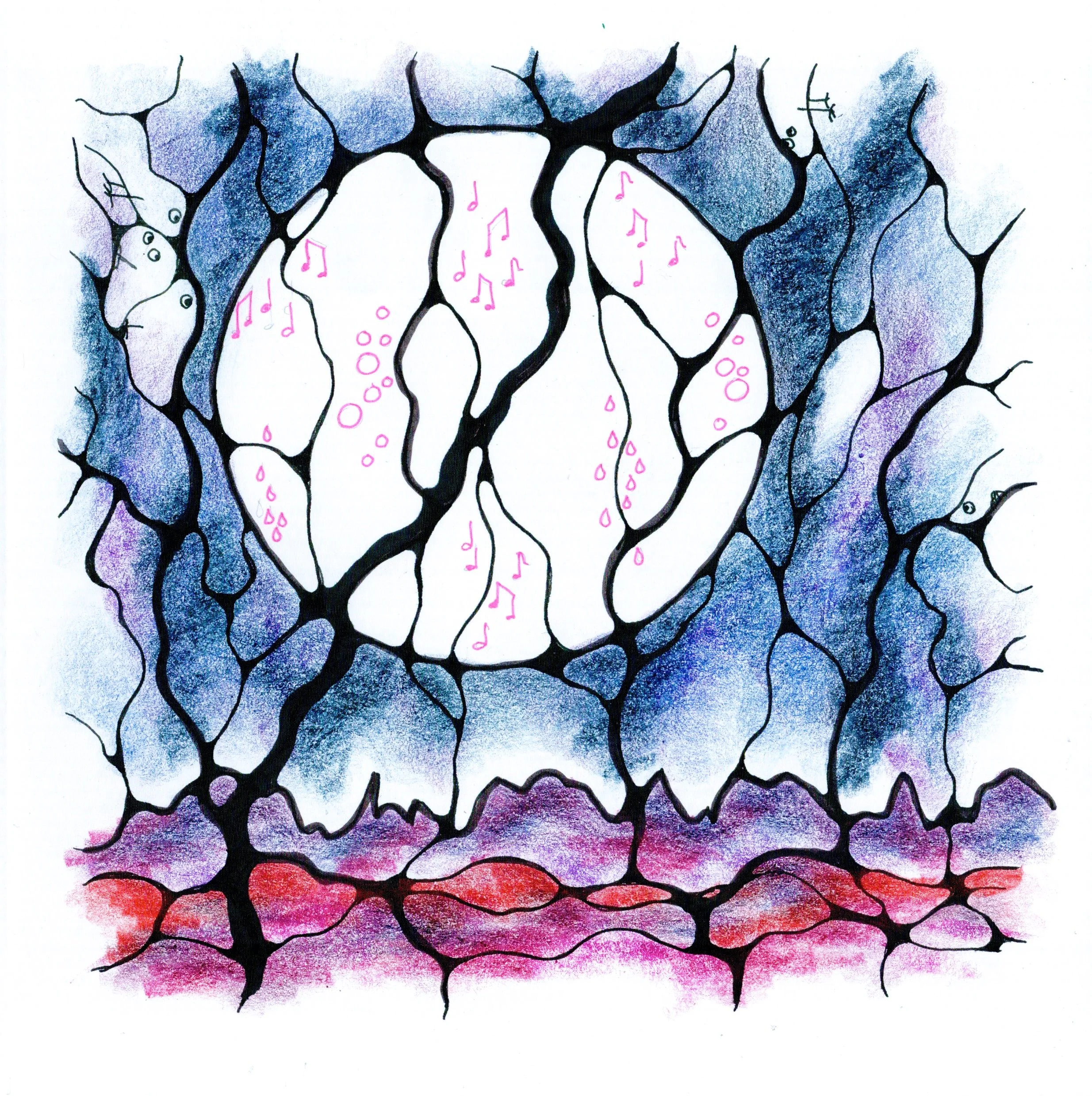 Neurographische Zeichnung mit Mond und Musiknoten als Symbol für den entspannten Freitagabend-Kurs.