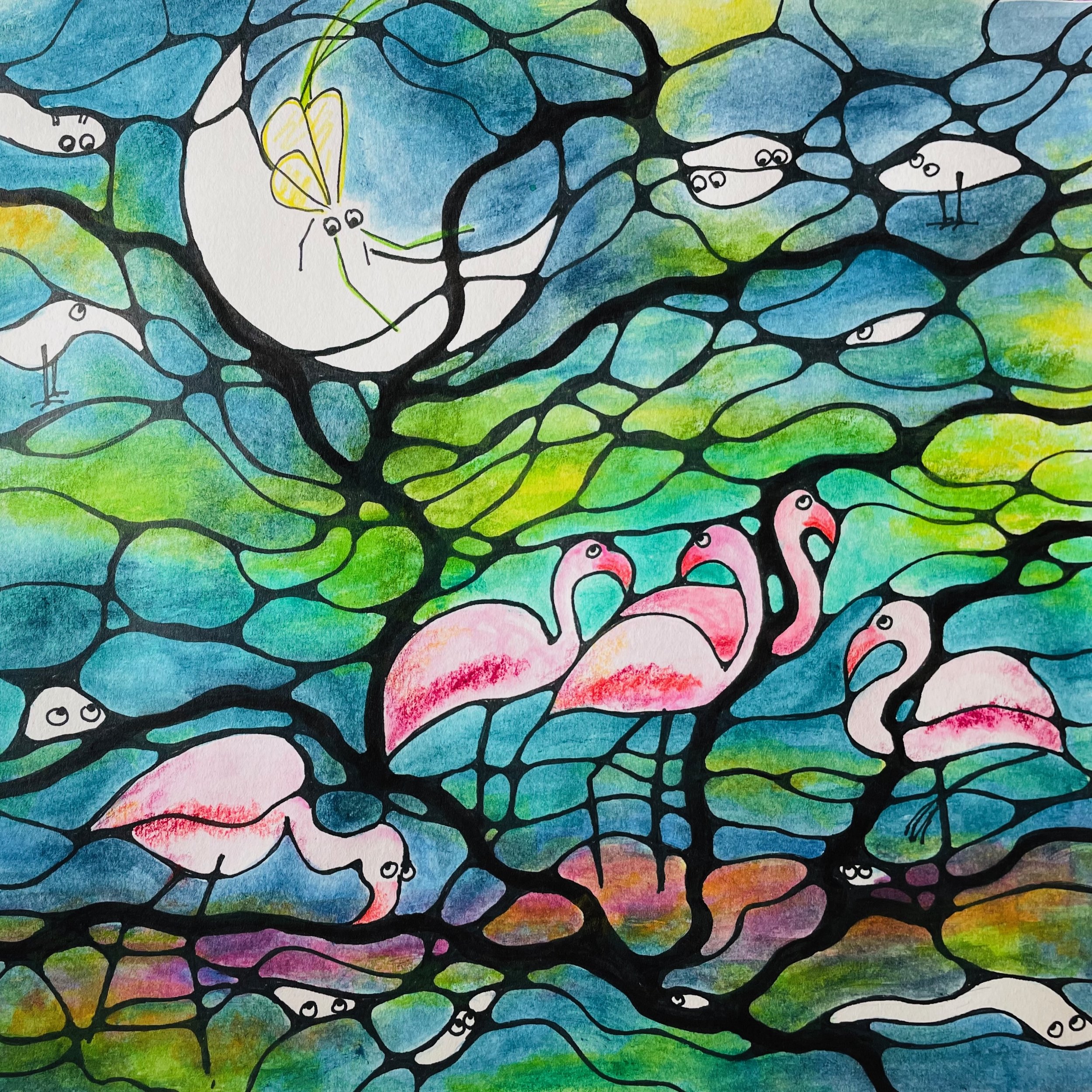 Farbenprächtige Buchillustration mit Inktense-Farben: Der Mond umringt von eleganten Flamingos.