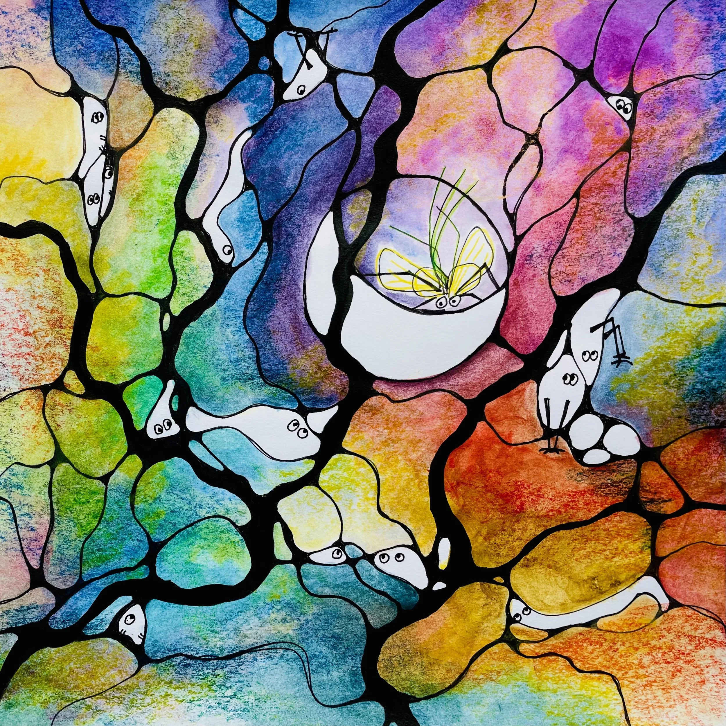 Neurographische Zeichnung mit Linien und Figuren zur Veranschaulichung der sechs Schritte der Methode.