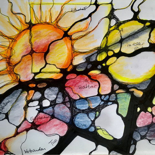Gelbes Neurographik-Kunstwerk mit Sonnen-Motiv für die Struktur der fünf Präsenz-Module.