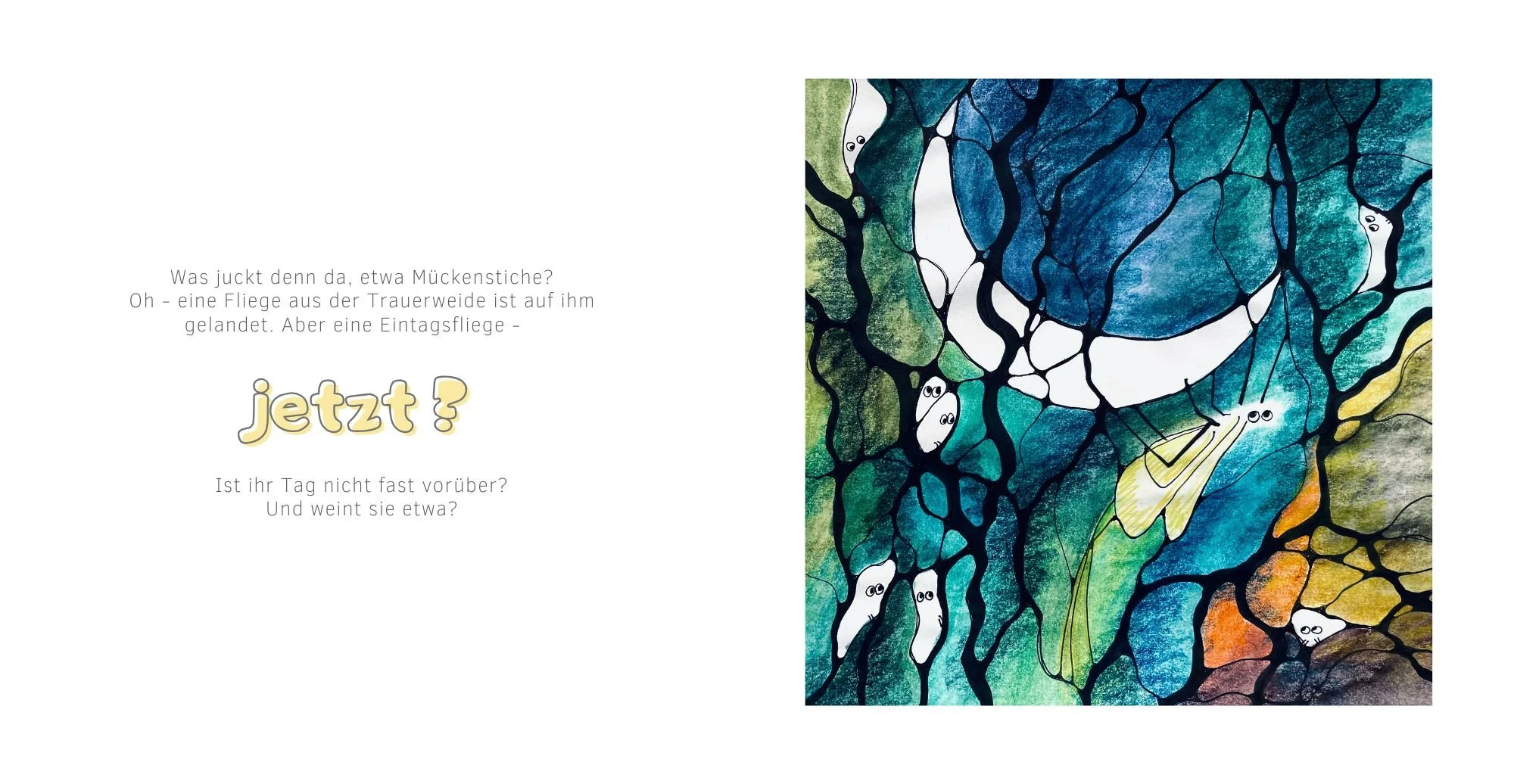 Illustriertes Bilderbuch Der EINE Tag, gezeichnet mit Derwent Inktense-Farben und Neurographik-Elementen.