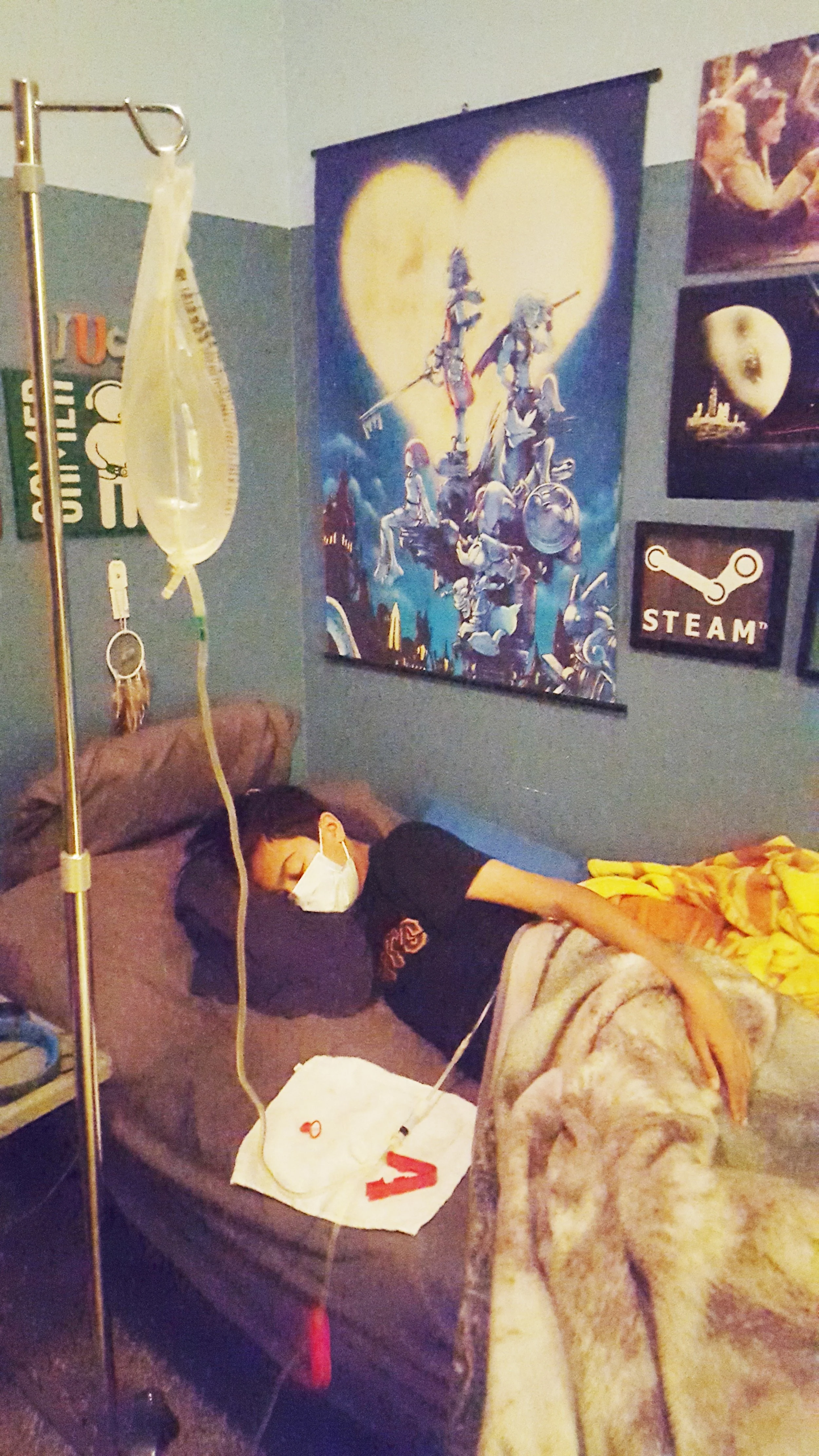 At home doing an extra dialysis exchange because his regular prescription wasn't working. 